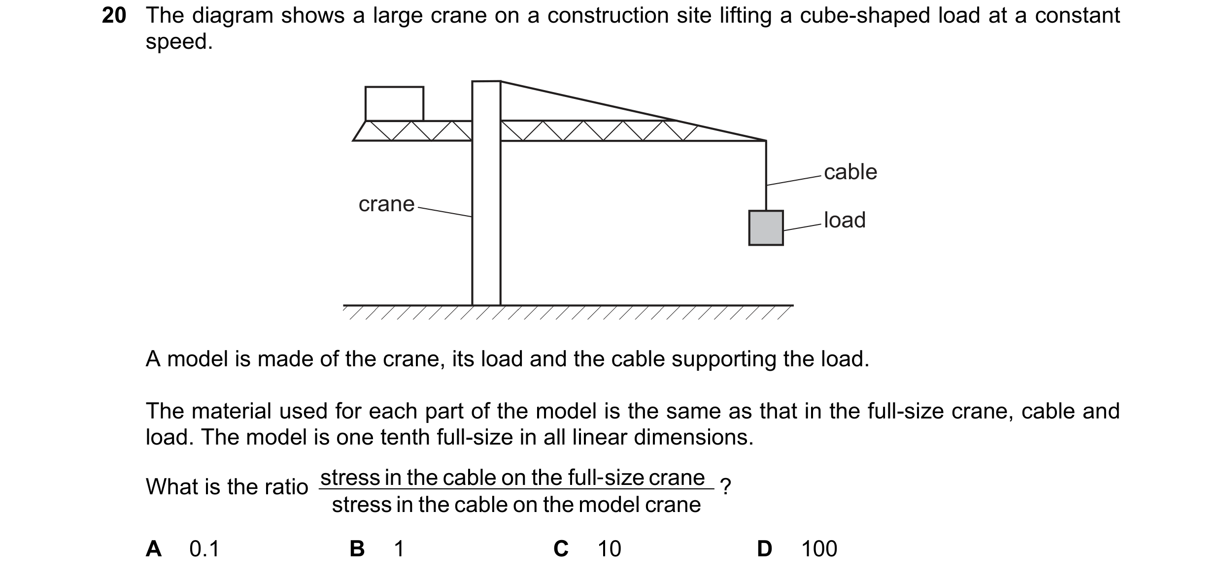 Question 79: The diagram shows a large crane on a construction site lifting a cube-shaped load at a constant speed. cable crane load A model is made of …
