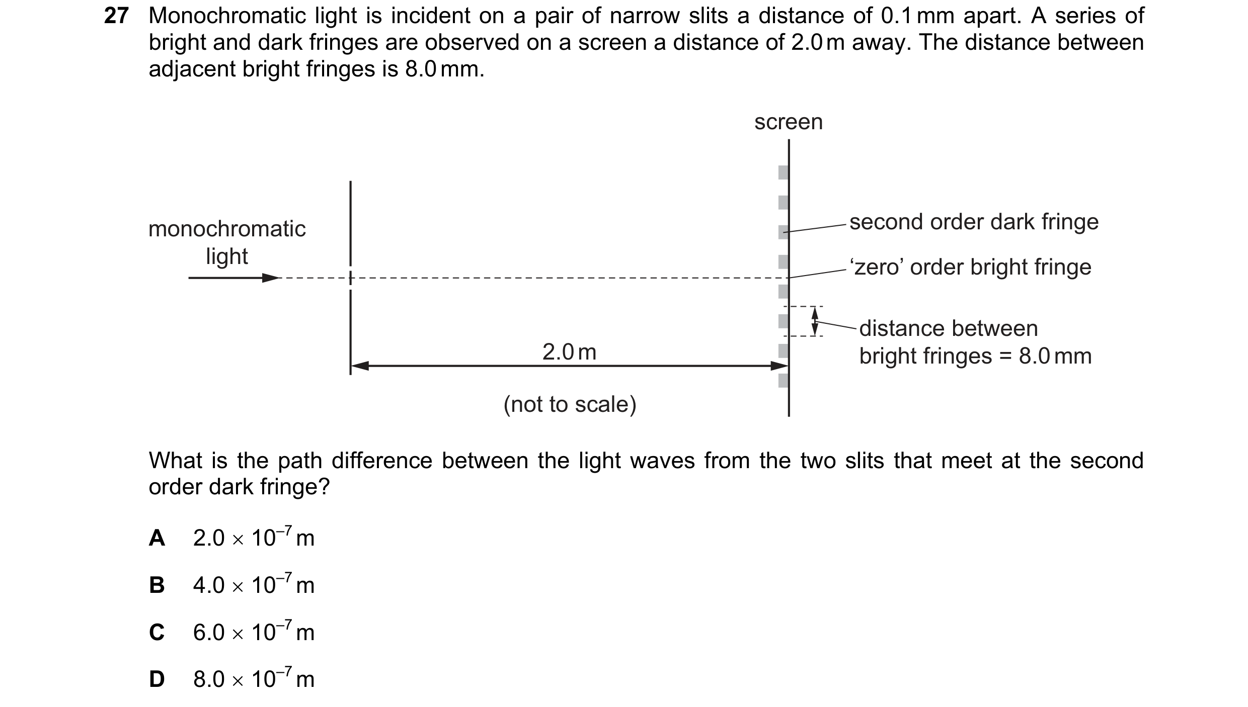Question 55: Monochromatic light is incident on a pair of narrow slits a distance of 0.1 mm apart. A series of bright and dark fringes are observed on a…