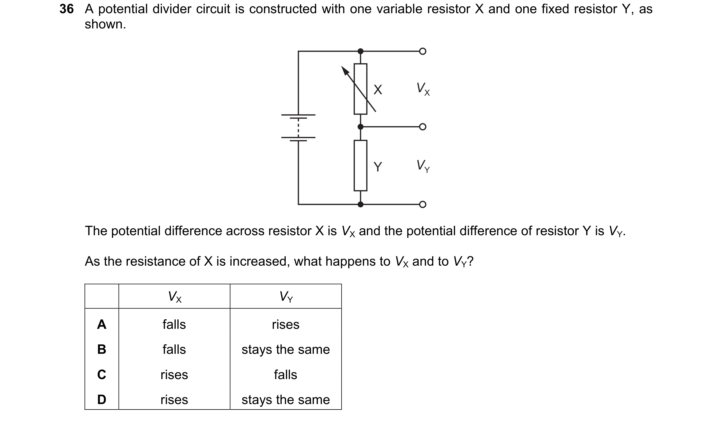 Question 65: A potential divider circuit is constructed with one variable resistor X and one fixed resistor Y, as shown. X VX Y VY The potential differe…