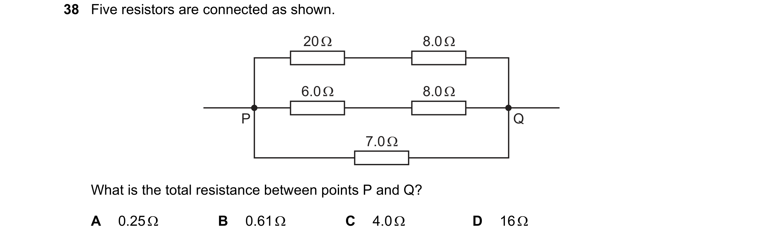 Question 127: Five resistors are connected as shown. 20 Ω 8.0 Ω 6.0 Ω 8.0 Ω P Q 7.0 Ω What is the total resistance between points P and Q? A 0.25 Ω B 0.6…