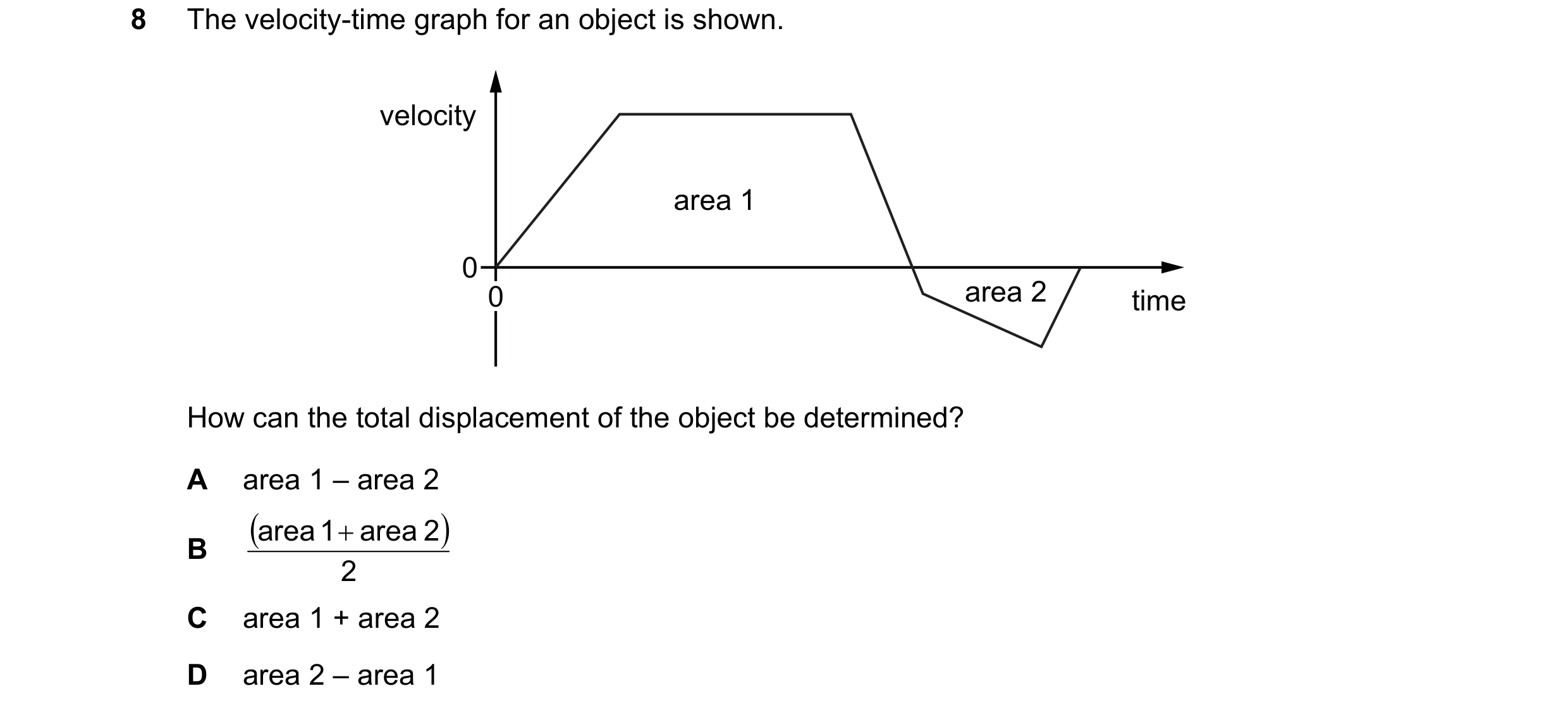 Question 135: The velocity-time graph for an object is shown. velocity area 1 0 0 area 2 time How can the total displacement of the object be determined?…
