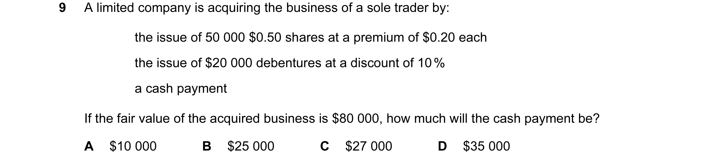 Question 15: A limited company is acquiring the business of a sole trader by: the issue of 50 000 $0.50 shares at a premium of $0.20 each the issue of $…