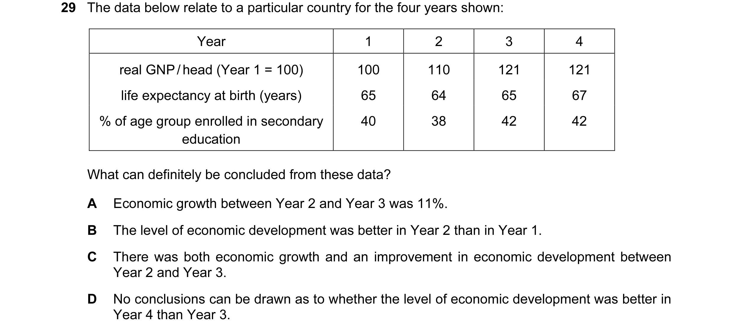 Question 24: The data below relate to a particular country for the four years shown: Year 1 2 3 4 real GNP / head (Year 1 = 100) 100 110 121 121 life ex…