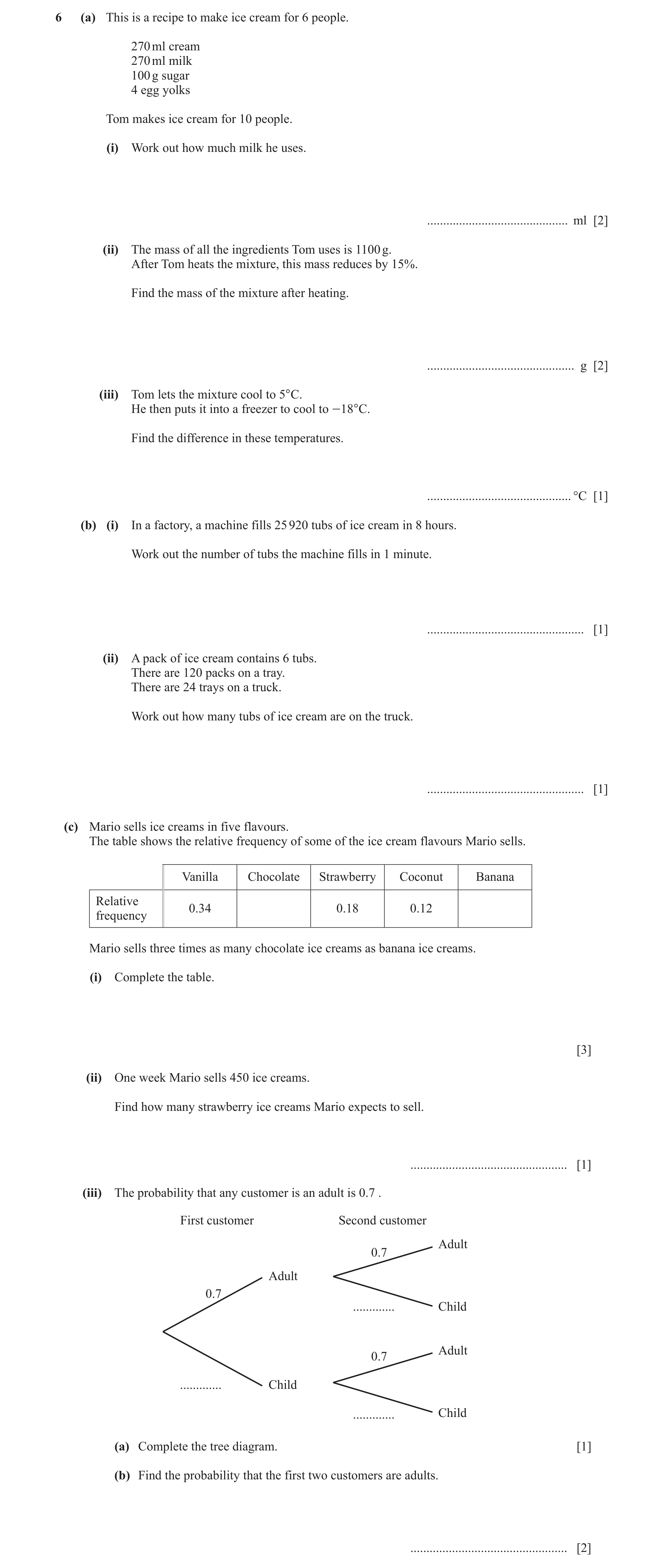 Question 10: (a) This is a recipe to make ice cream for 6 people. 270 ml cream 270 ml milk 100 g sugar 4 egg yolks Tom makes ice cream for 10 people. (i…