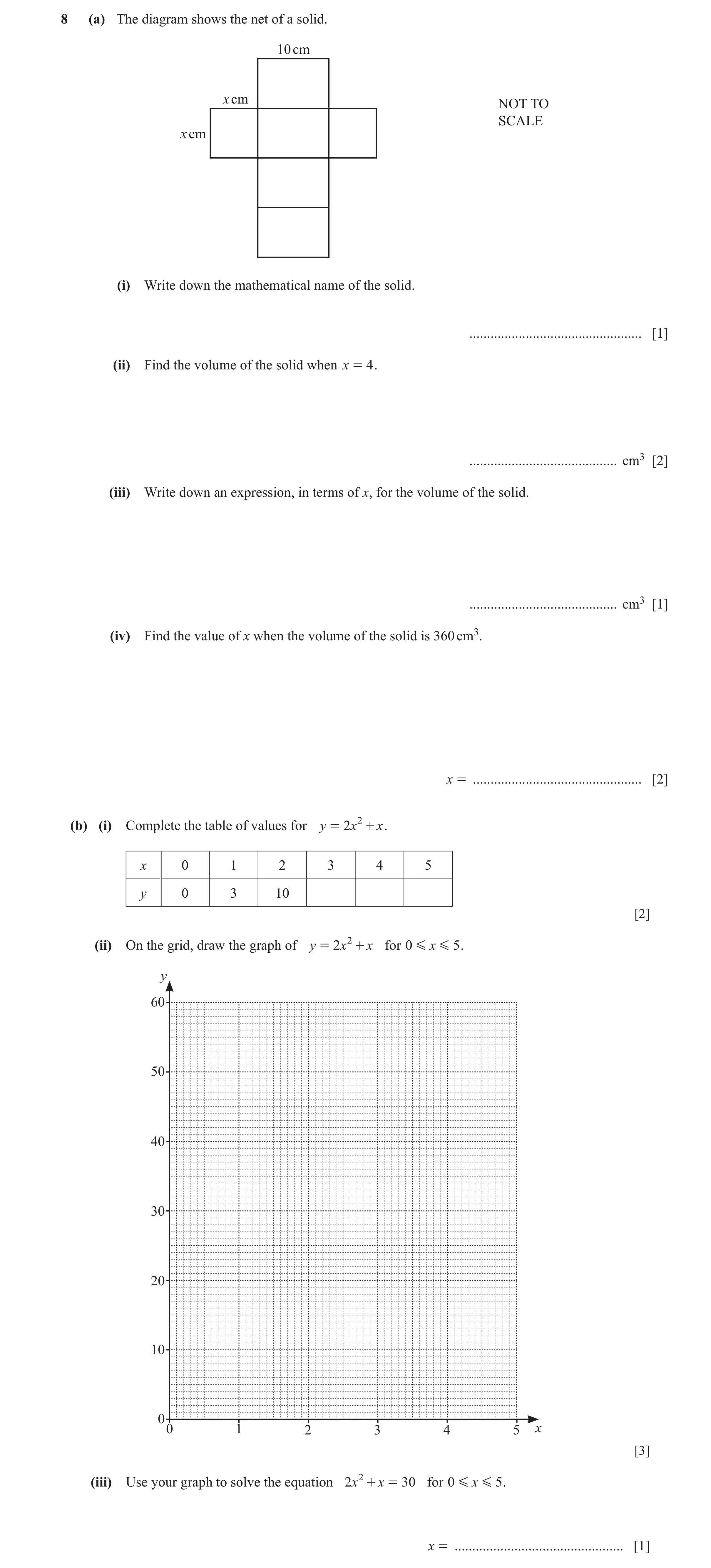 Question 9: (a) The diagram shows the net of a solid. 10 cm x cm NOT TO SCALE x cm (i) Write down the mathematical name of the solid. .................…