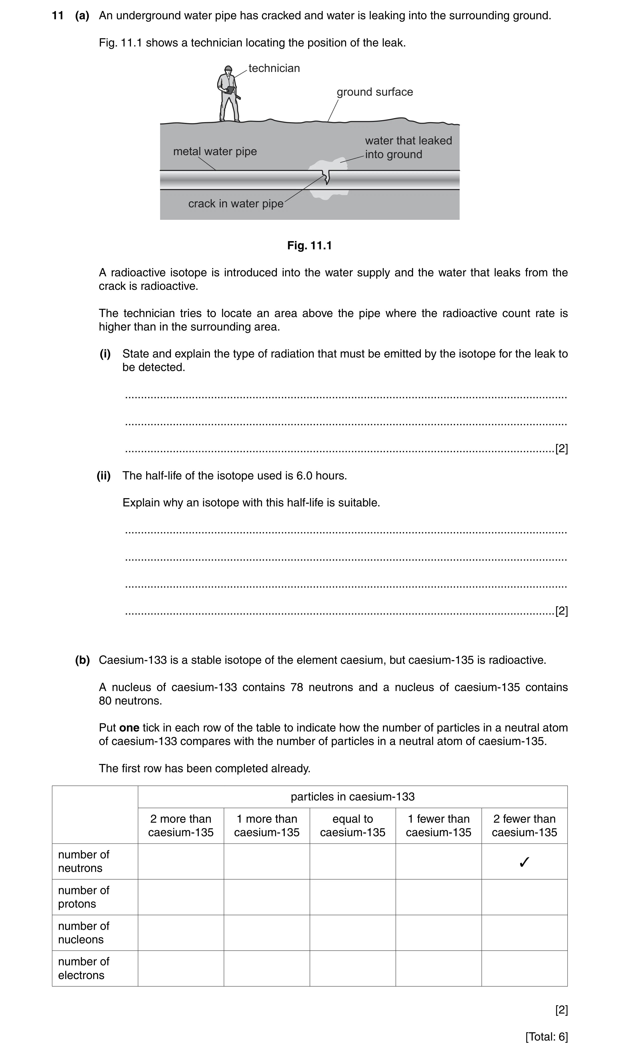 Question 23: (a) An underground water pipe has cracked and water is leaking into the surrounding ground. Fig. 11.1 shows a technician locating the posit…