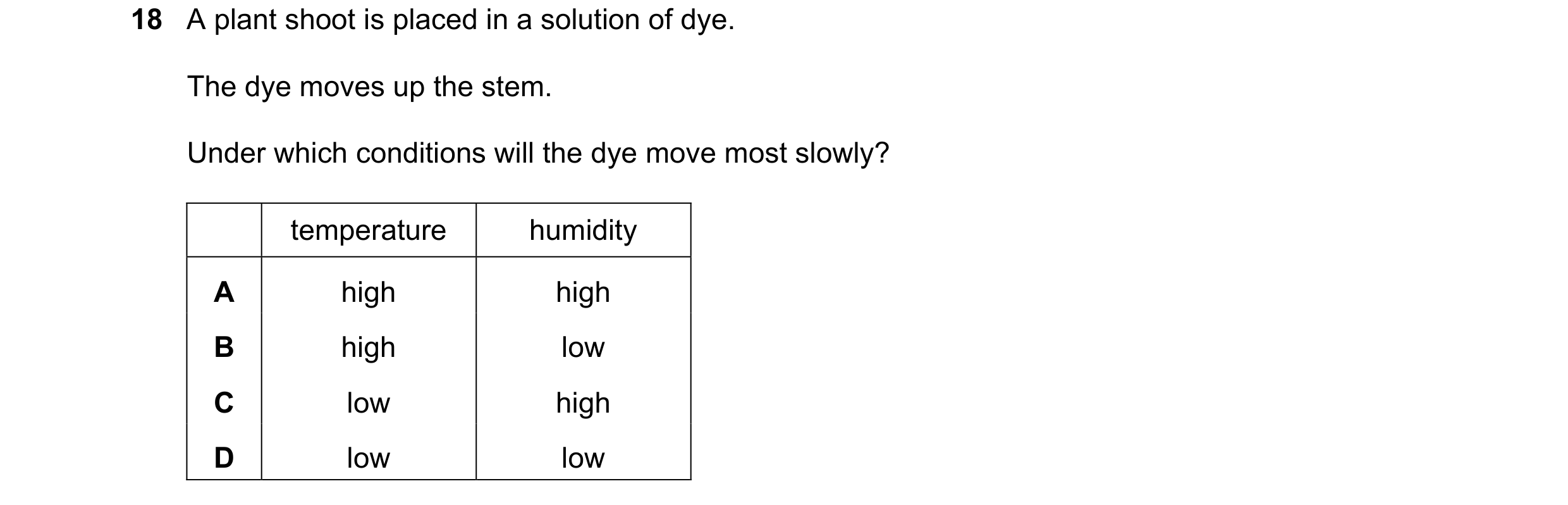 Question 8: A plant shoot is placed in a solution of dye. The dye moves up the stem. Under which conditions will the dye move most slowly? temperature …