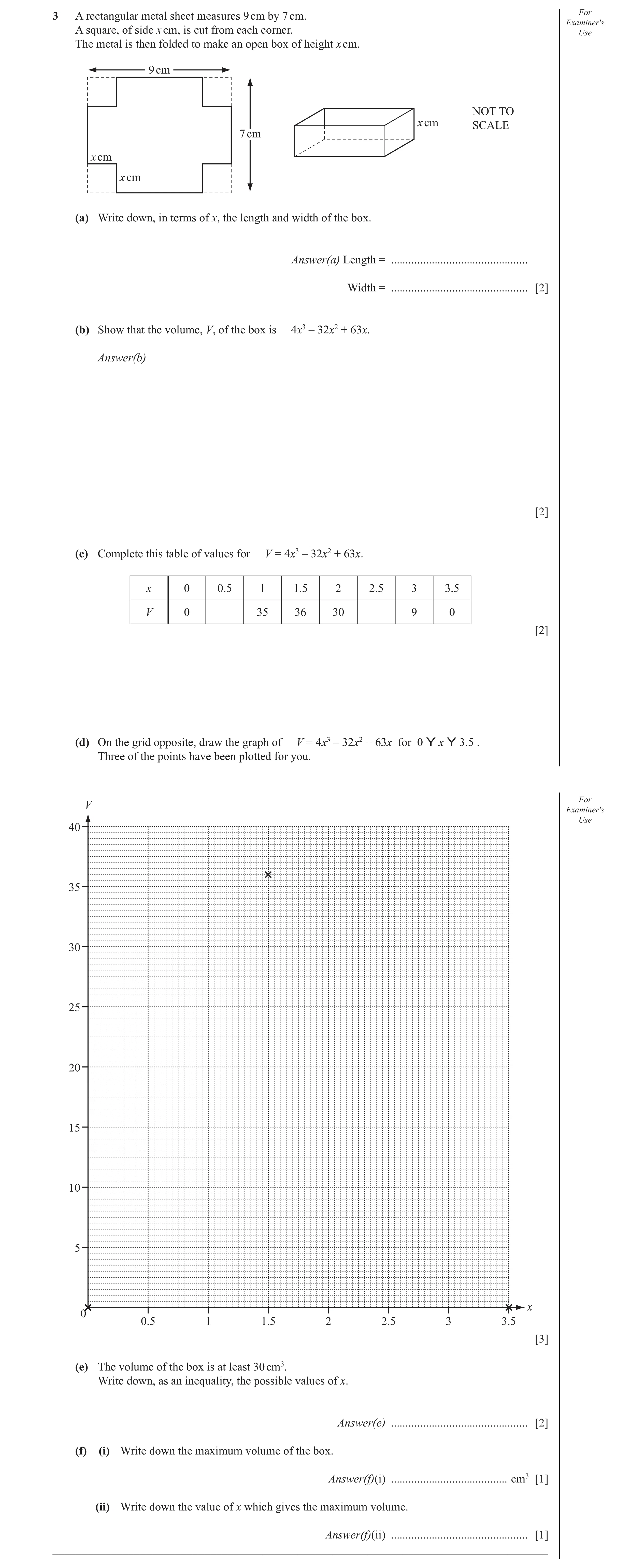 Question 22: A rectangular metal sheet measures 9 cm by 7 cm. For Examiner′s A square, of side x cm, is cut from each corner. Use The metal is then fold…
