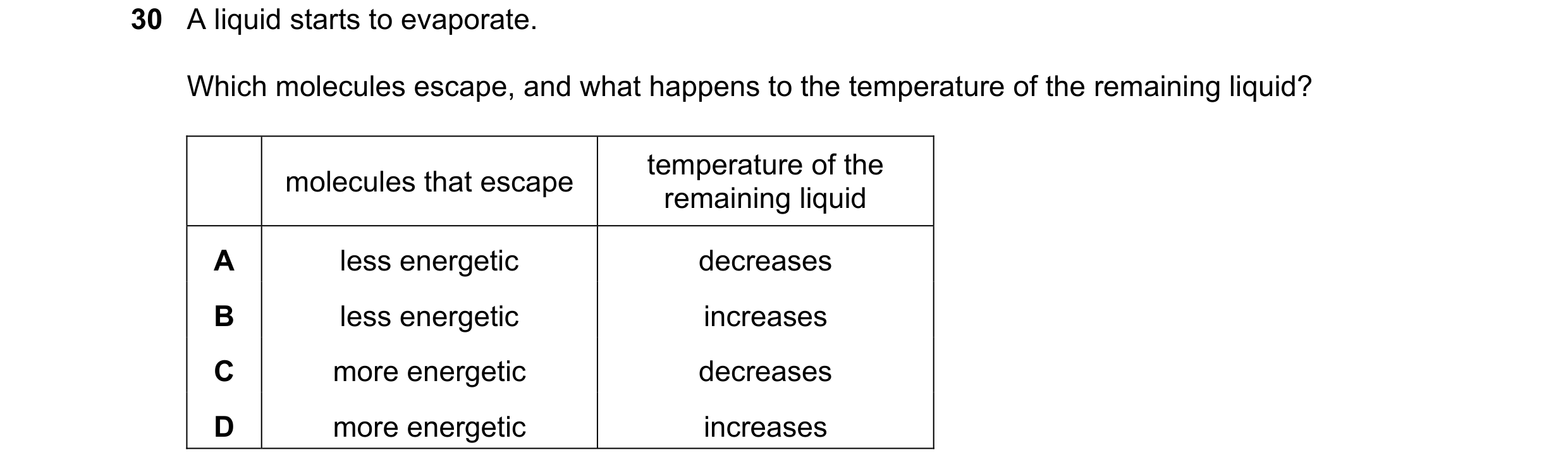 Question 51: A liquid starts to evaporate. Which molecules escape, and what happens to the temperature of the remaining liquid? temperature of the molec…