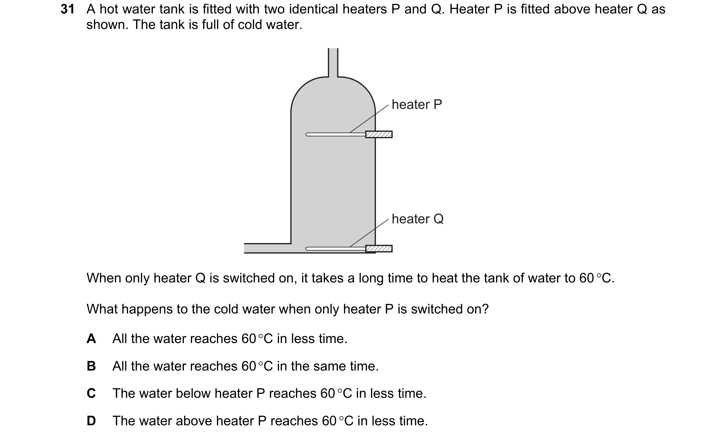 Question 56: A hot water tank is fitted with two identical heaters P and Q. Heater P is fitted above heater Q as shown. The tank is full of cold water. …