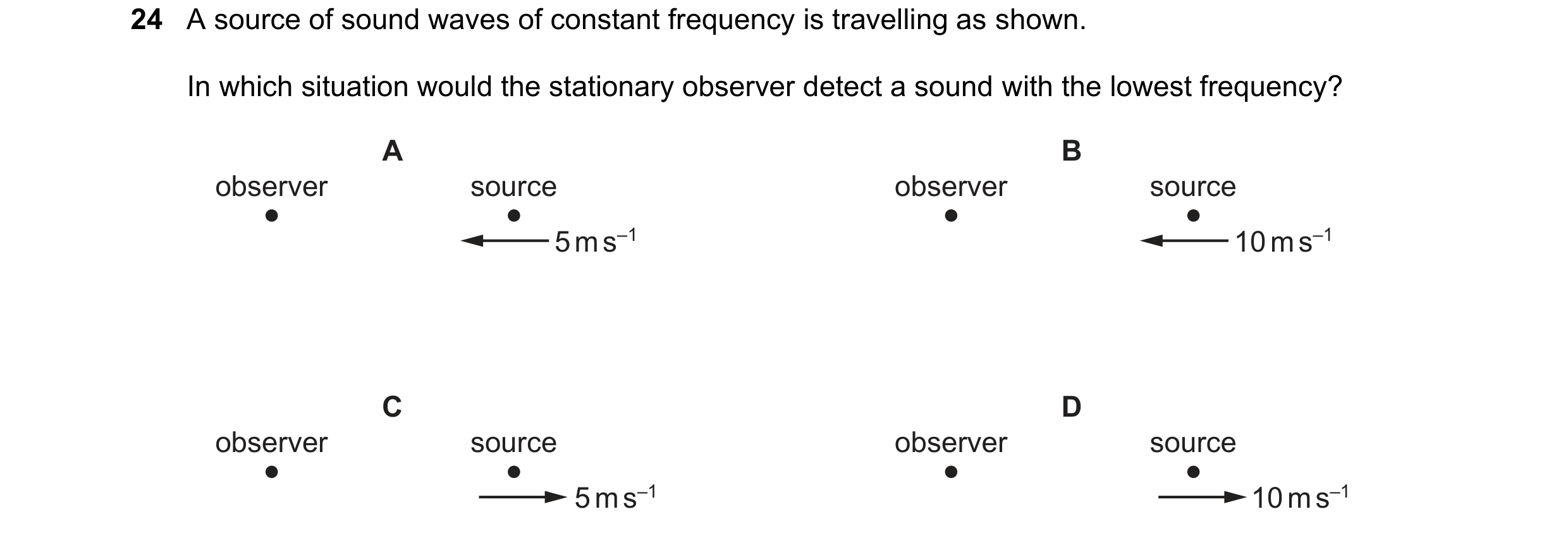 Question 59: A source of sound waves of constant frequency is travelling as shown. In which situation would the stationary observer detect a sound with …