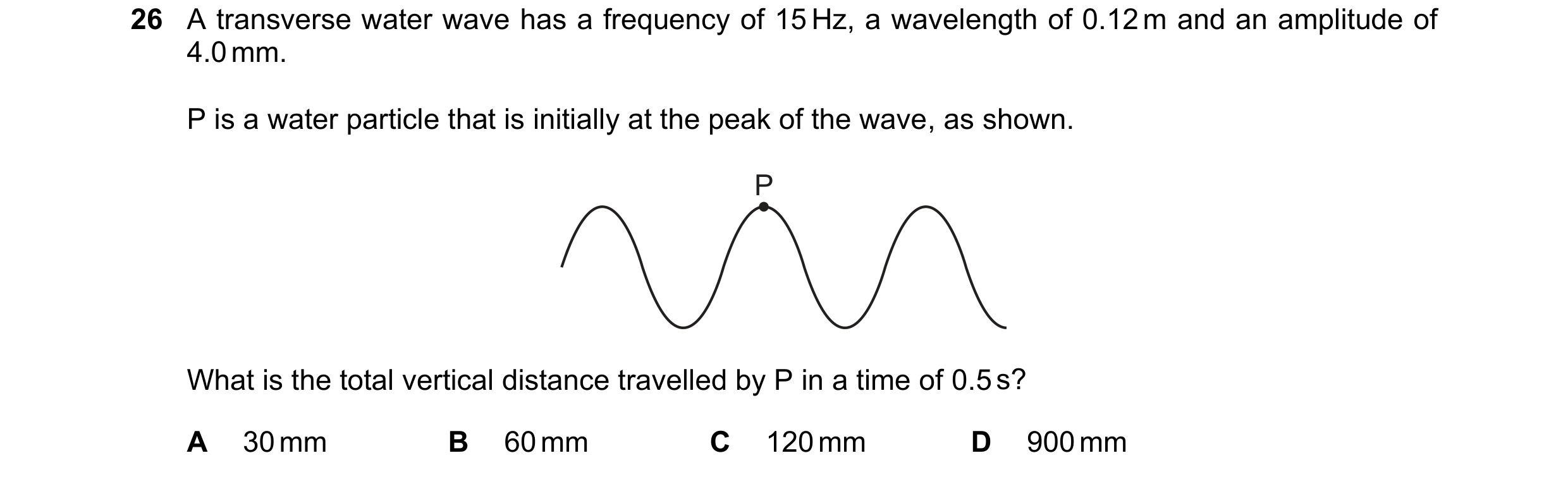 Question 170: A transverse water wave has a frequency of 15 Hz, a wavelength of 0.12 m and an amplitude of 4.0 mm. P is a water particle that is initiall…