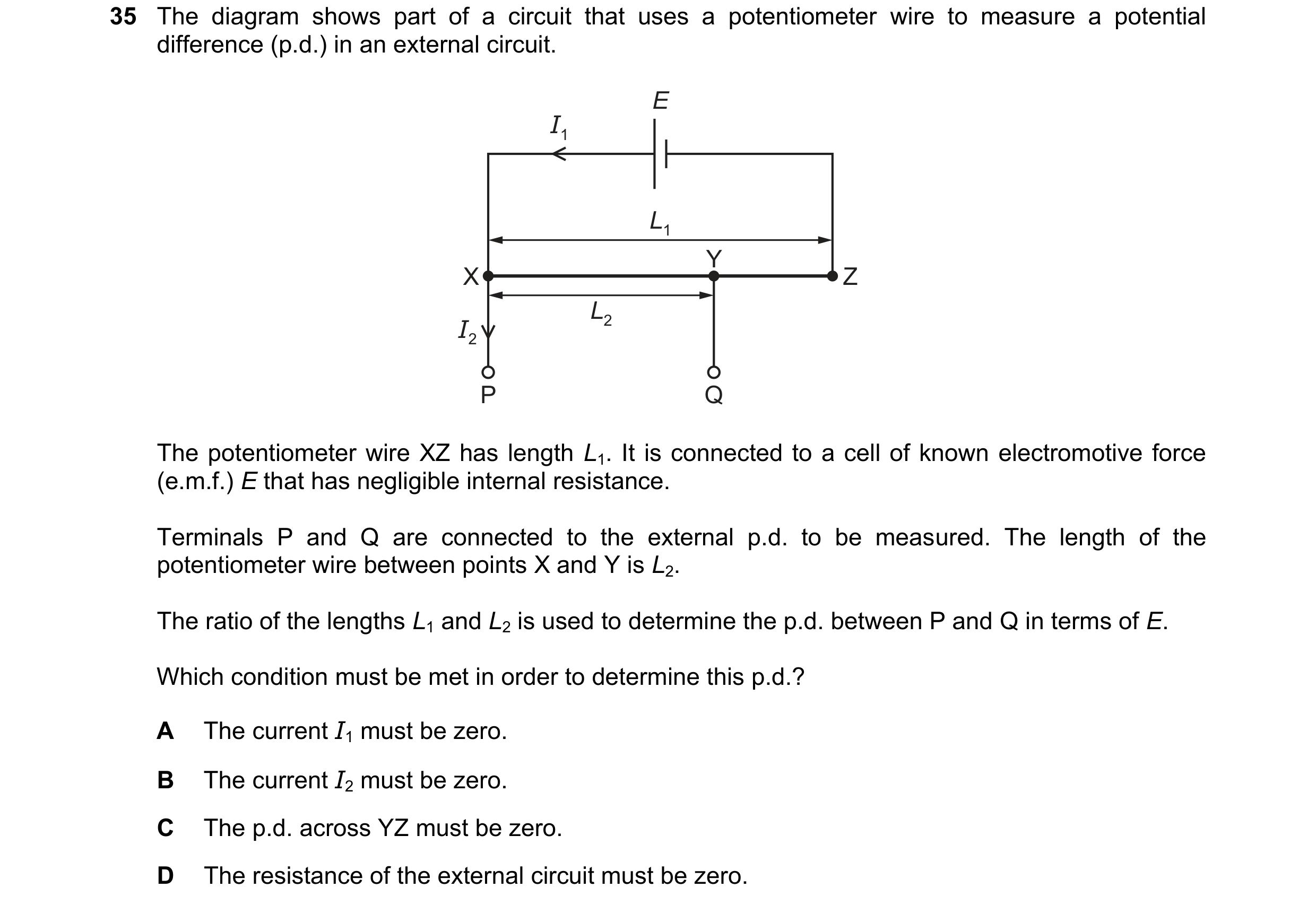 Question 117: The diagram shows part of a circuit that uses a potentiometer wire to measure a potential difference (p.d.) in an external circuit. E I1 L1…
