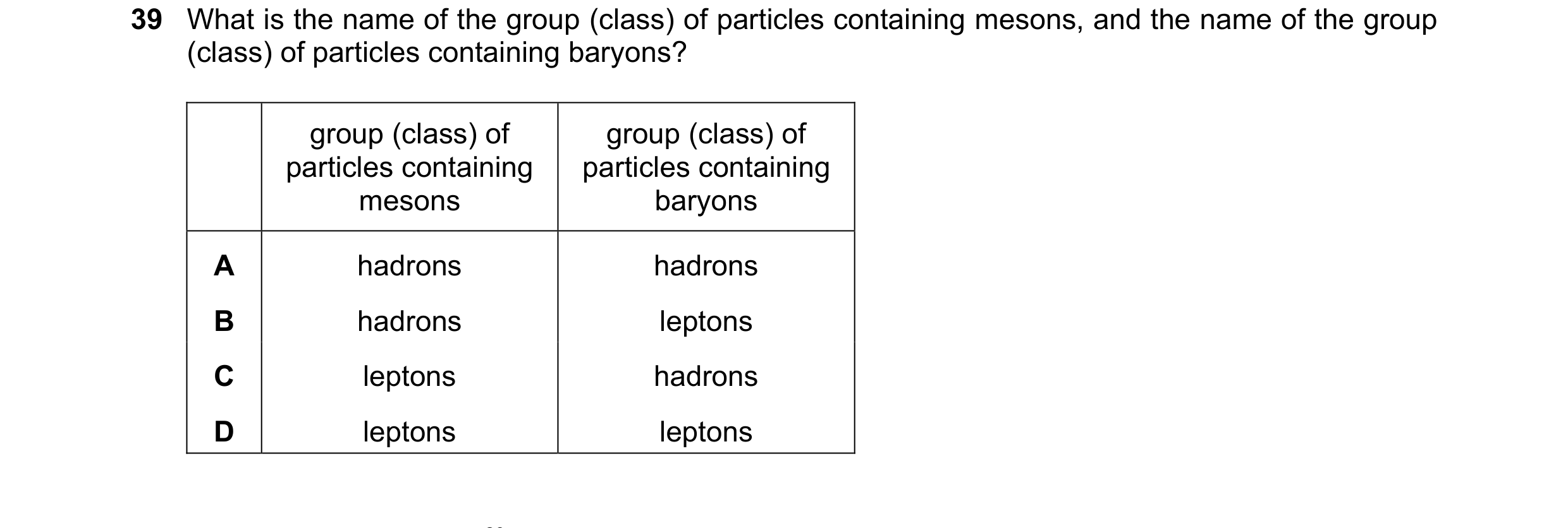 Question 74: What is the name of the group (class) of particles containing mesons, and the name of the group (class) of particles containing baryons? gr…