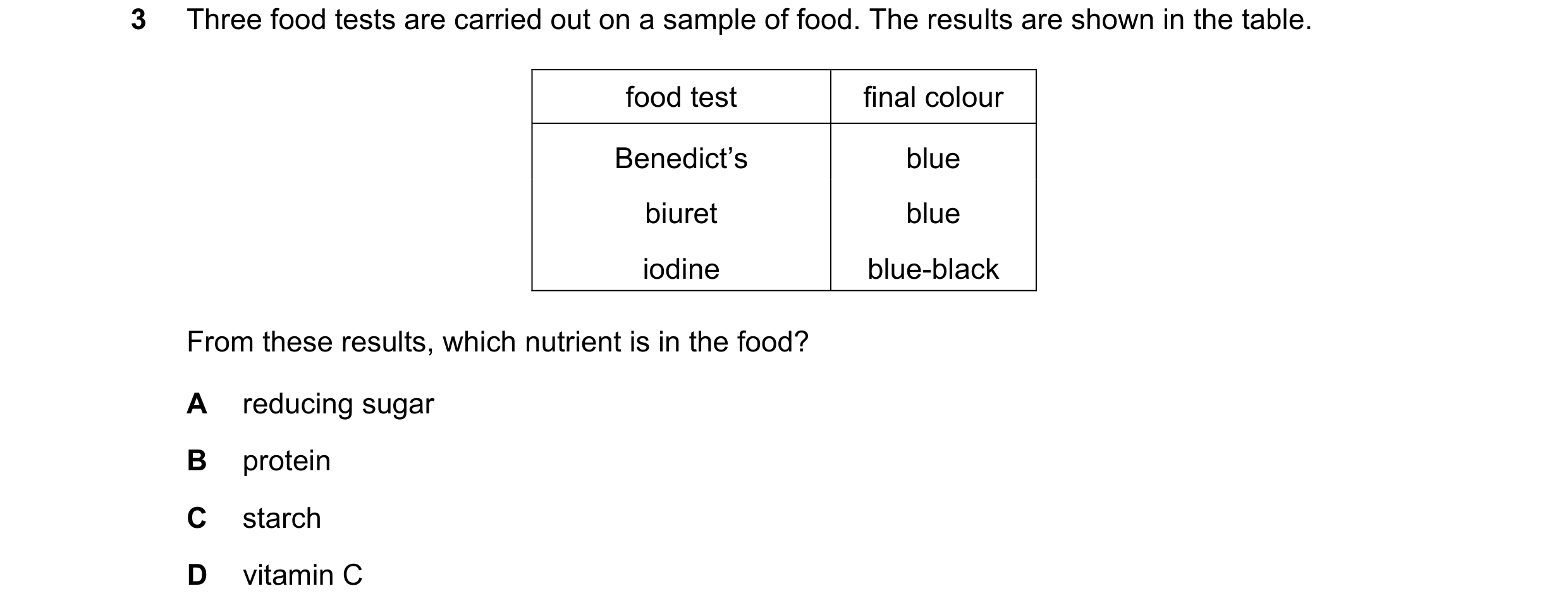 Question 7: Three food tests are carried out on a sample of food. The results are shown in the table. food test final colour Benedict’s blue biuret blu…