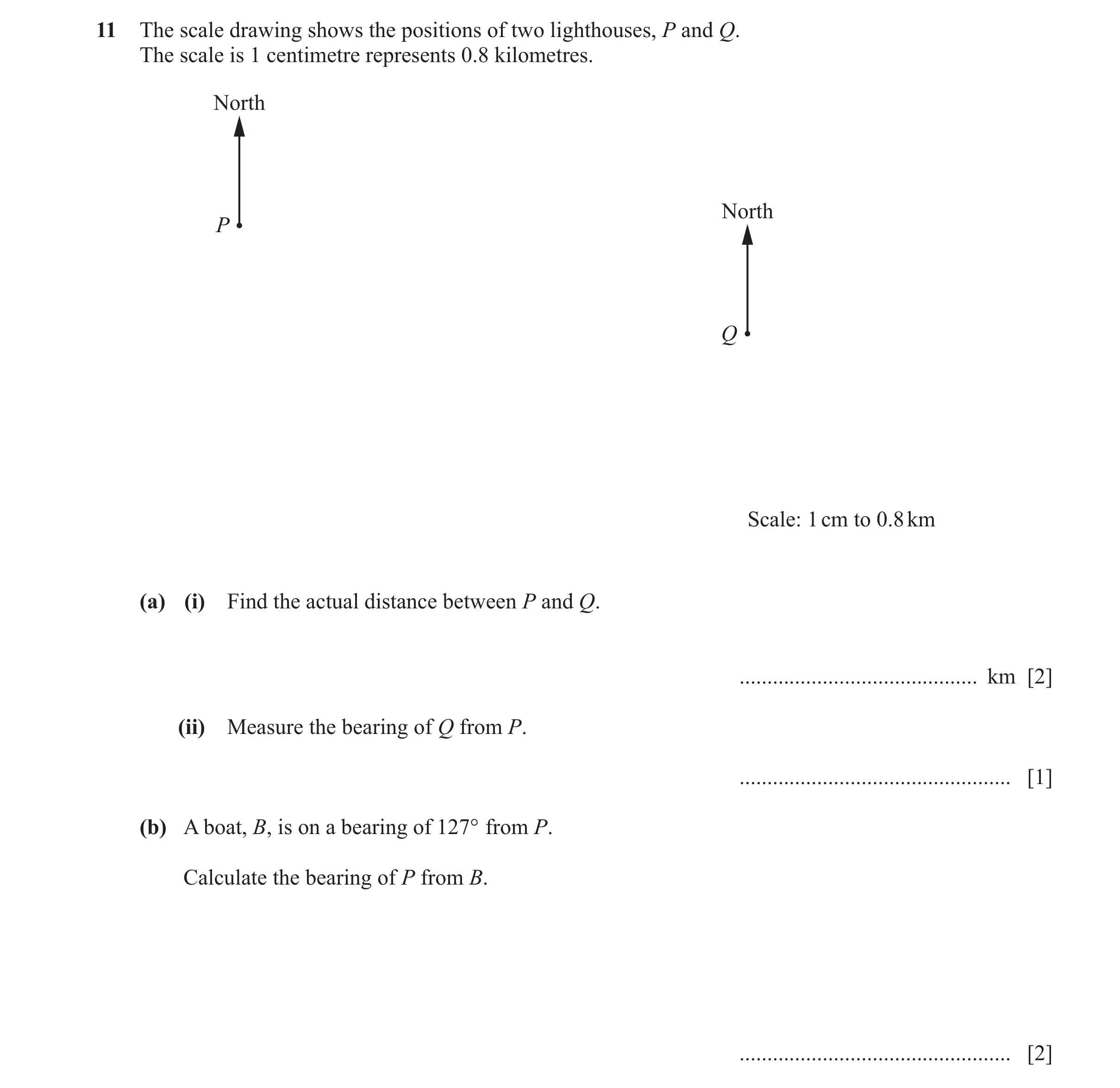 Question 103: The scale drawing shows the positions of two lighthouses, P and Q. The scale is 1 centimetre represents 0.8 kilometres. North North P Q Sca…