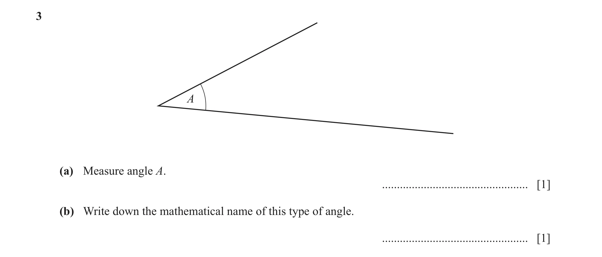 Question 101: A (a) Measure angle A. ................................................. [1] (b) Write down the mathematical name of this type of angle. ..…