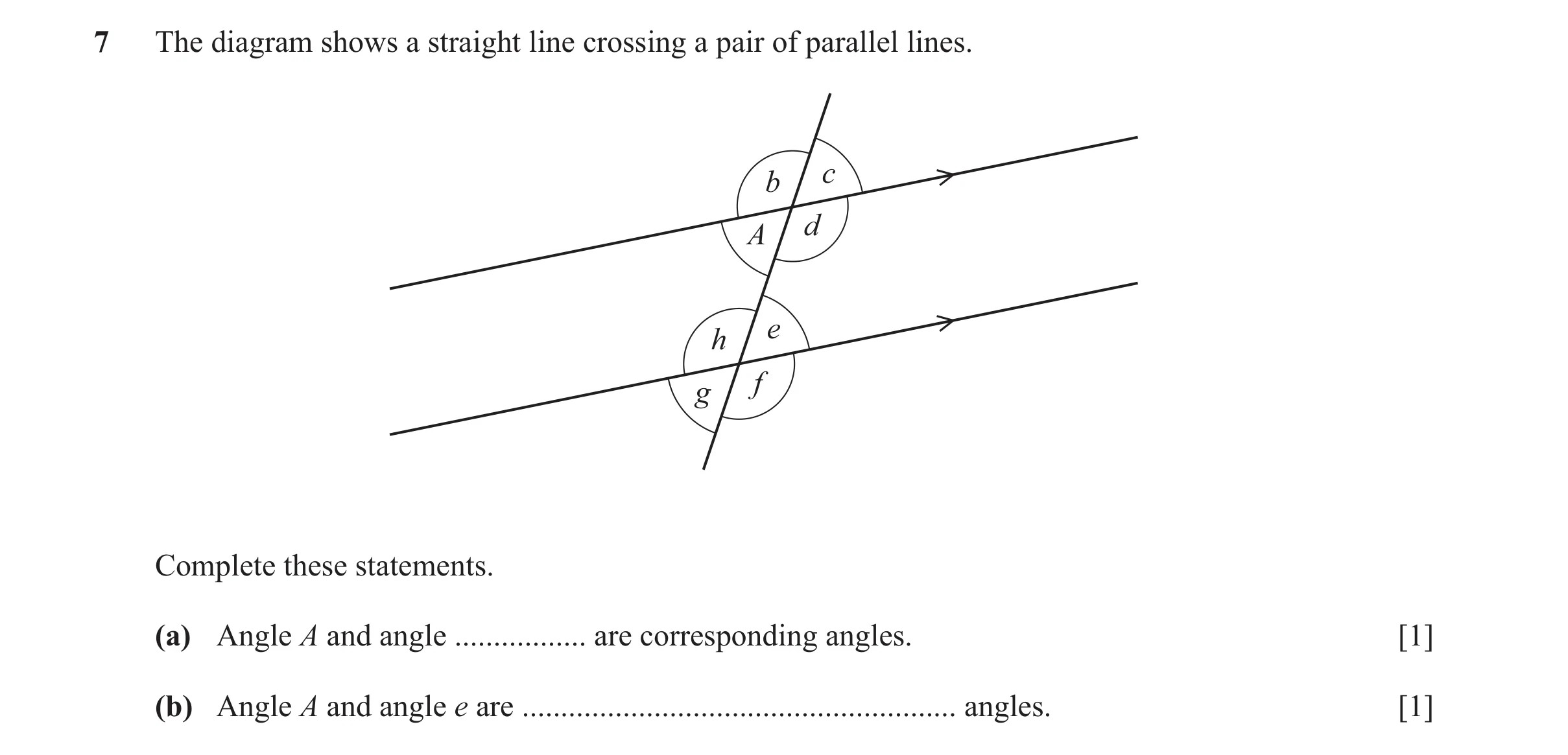 Question 102: The diagram shows a straight line crossing a pair of parallel lines. c b d A e h f g Complete these statements. (a) Angle A and angle .....…