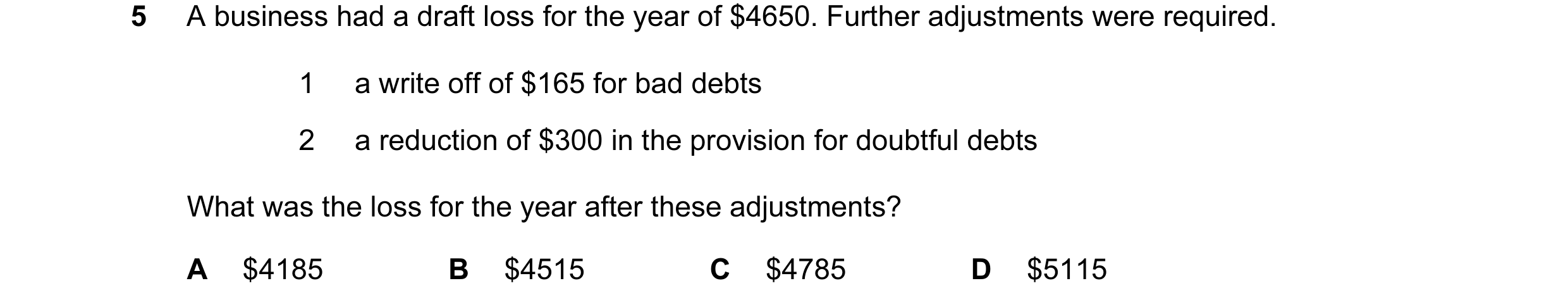Question 148: A business had a draft loss for the year of $4650. Further adjustments were required. 1 a write off of $165 for bad debts 2 a reduction of …