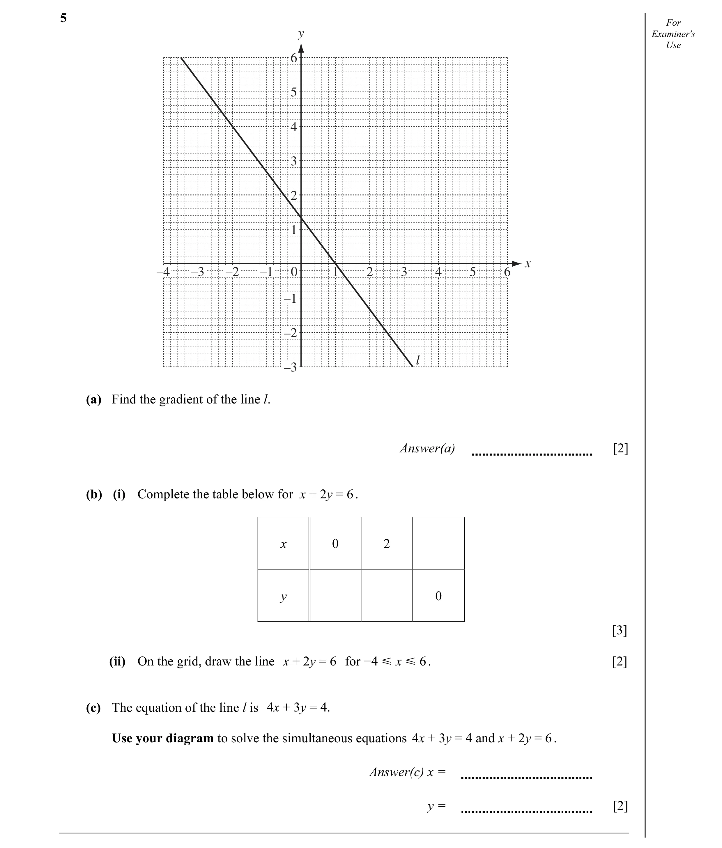 Question 3: For y Examiner's Use 6 5 4 3 2 1 x –4 –3 –2 –1 0 1 2 3 4 5 6 –1 –2 l –3 (a) Find the gradient of the line l. Answer(a) [2] (b) (i) Complete…