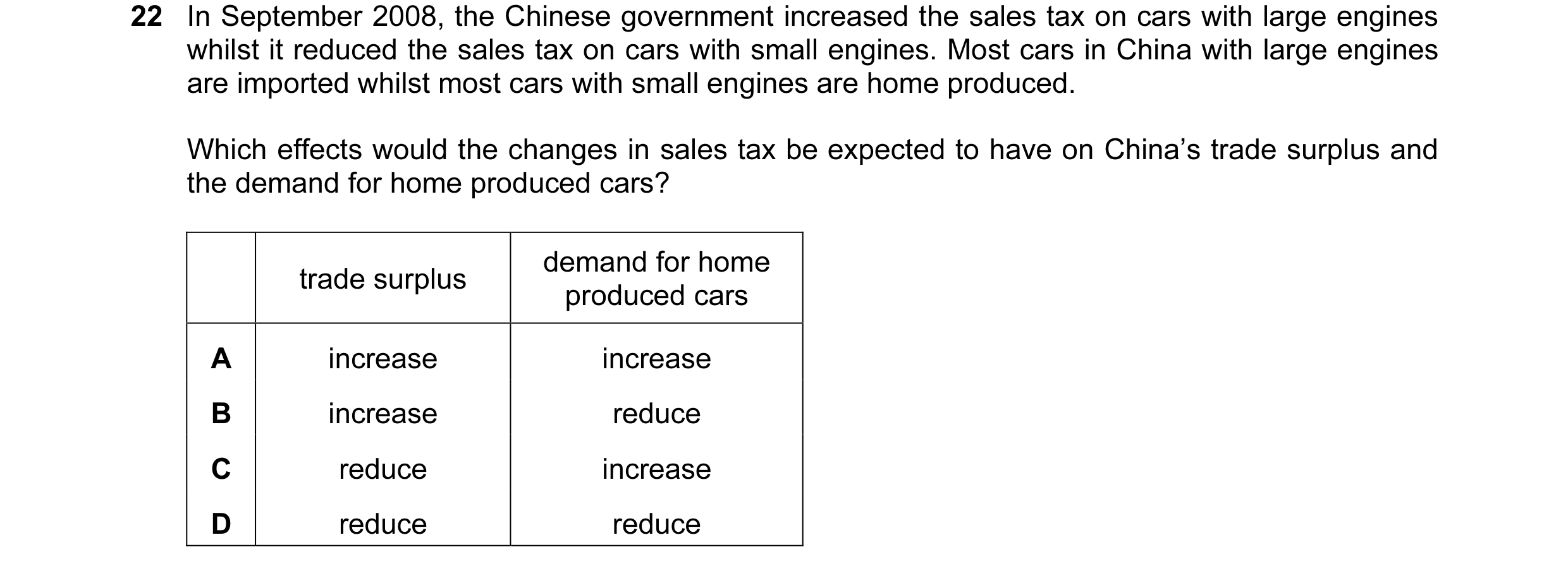 Question 27: In September 2008, the Chinese government increased the sales tax on cars with large engines whilst it reduced the sales tax on cars with s…