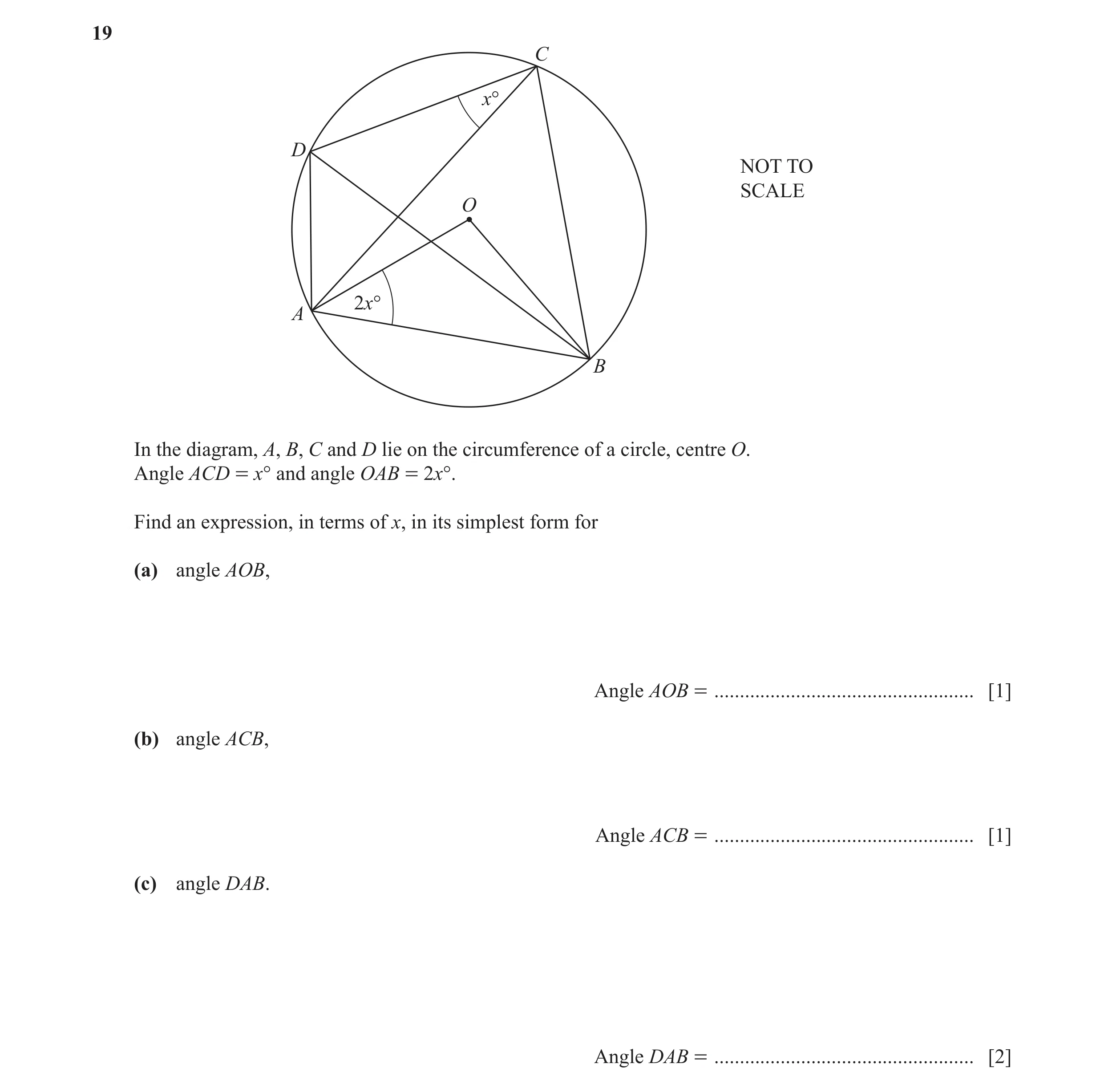 Question 19: C x° D NOT TO SCALE O 2x° A B In the diagram, A, B, C and D lie on the circumference of a circle, centre O. Angle ACD = x° and angle OAB = …