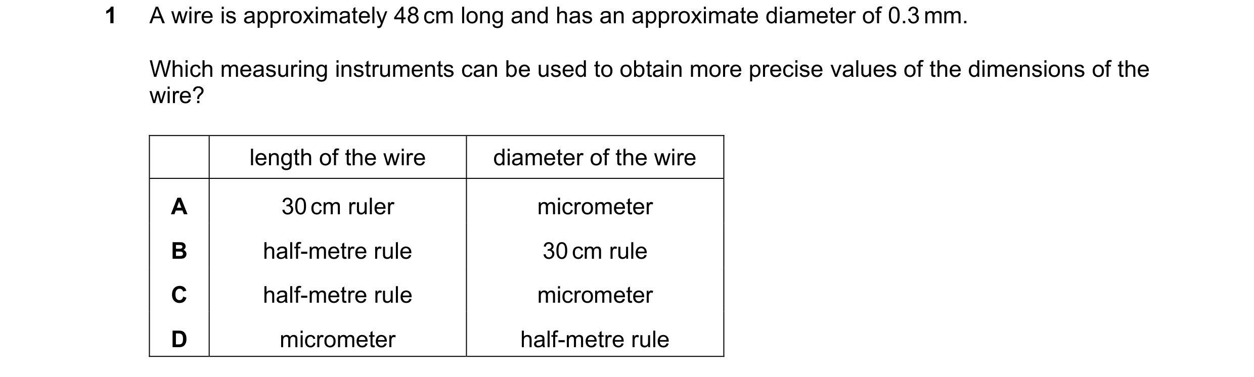 Question 81: A wire is approximately 48 cm long and has an approximate diameter of 0.3 mm. Which measuring instruments can be used to obtain more precis…