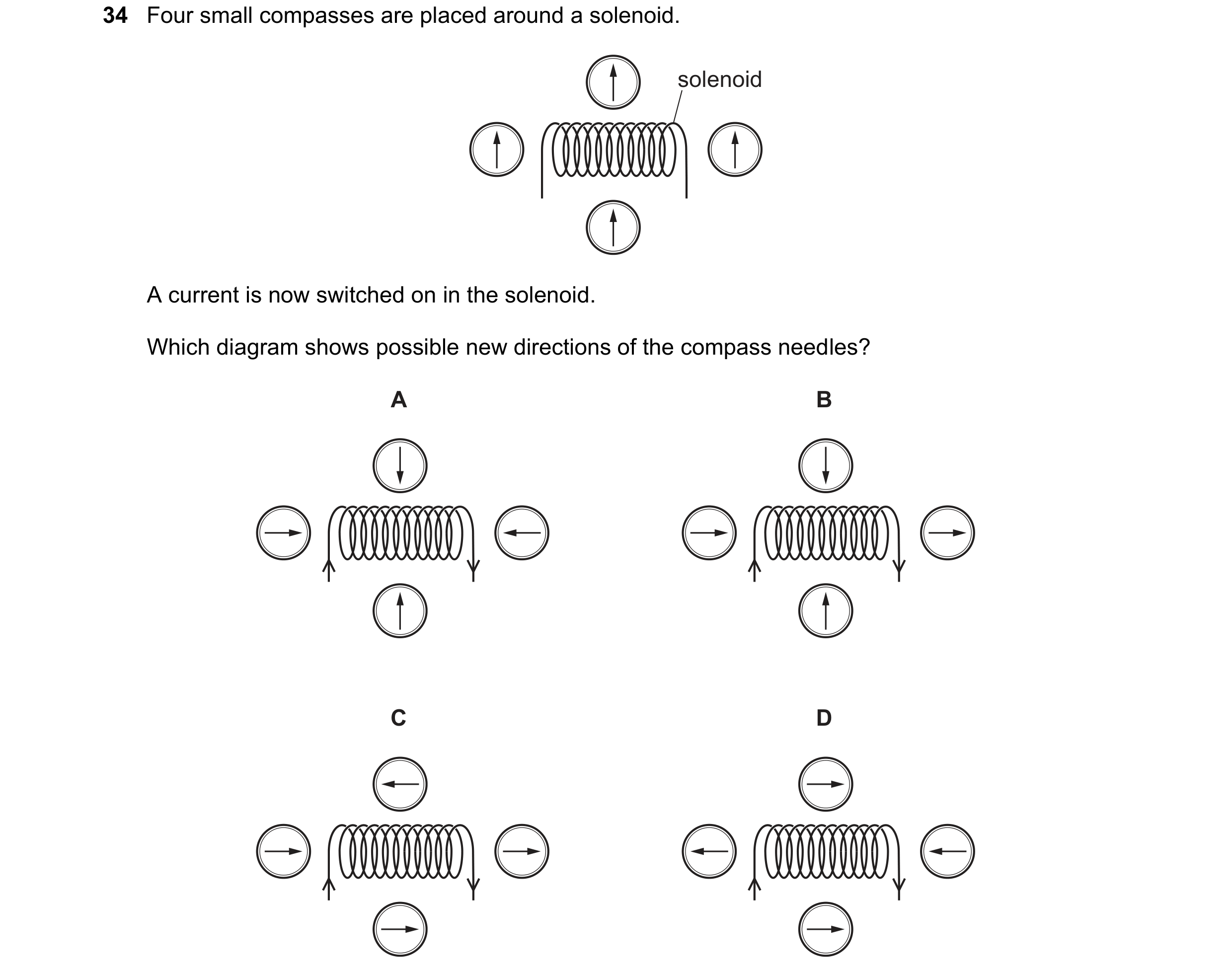 Question 127: Four small compasses are placed around a solenoid. solenoid A current is now switched on in the solenoid. Which diagram shows possible new …