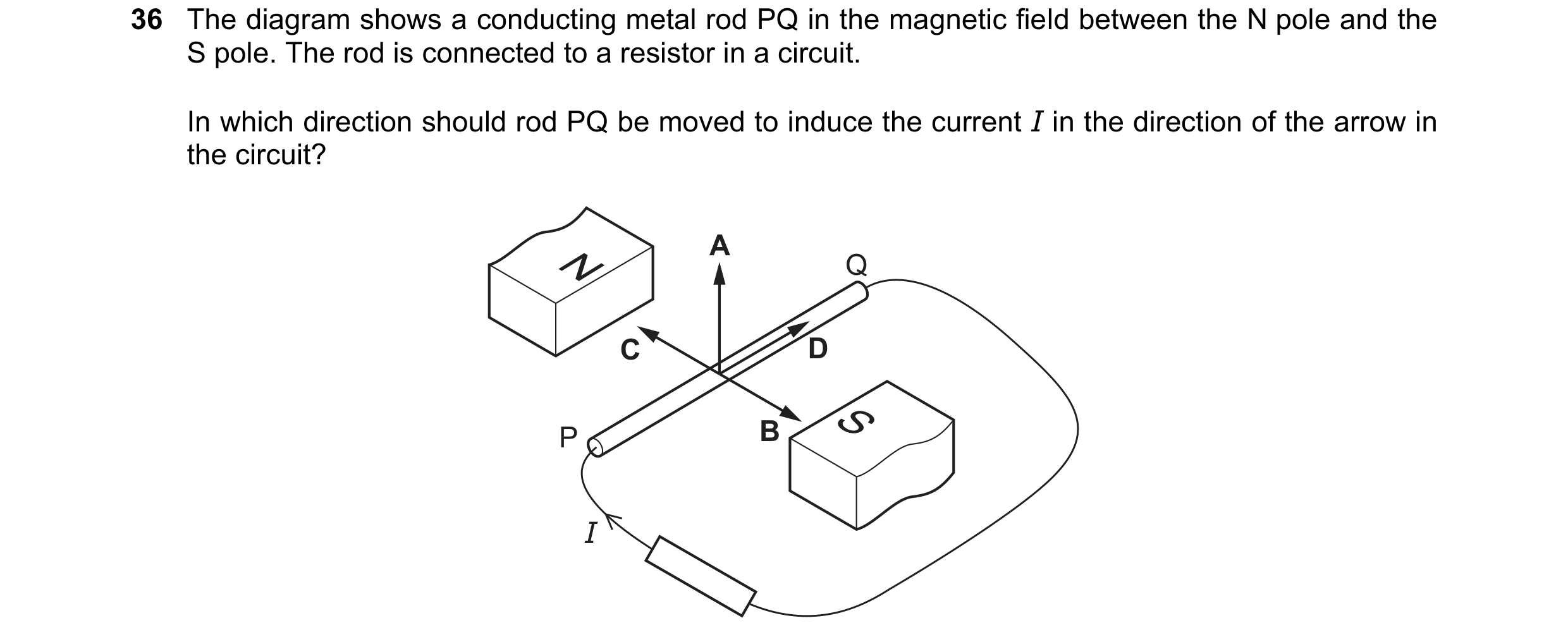 Question 129: The diagram shows a conducting metal rod PQ in the magnetic field between the N pole and the S pole. The rod is connected to a resistor in …