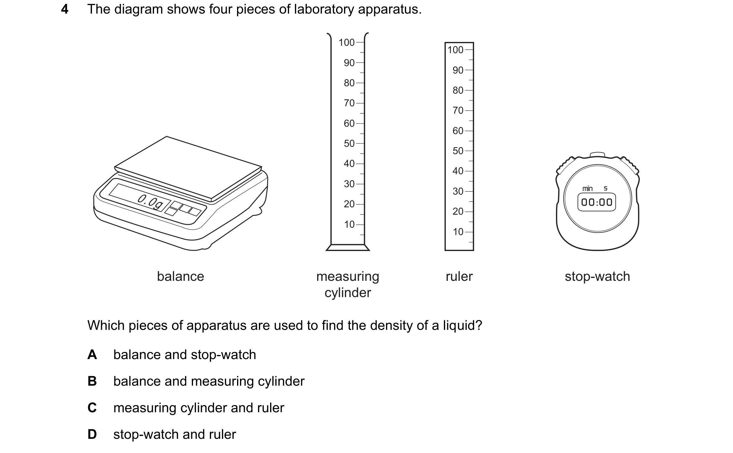 Question 58: The diagram shows four pieces of laboratory apparatus. 100 100 90 90 80 80 70 70 60 60 50 50 40 40 30 0.0g 30 20 20 10 10 balance measuring…