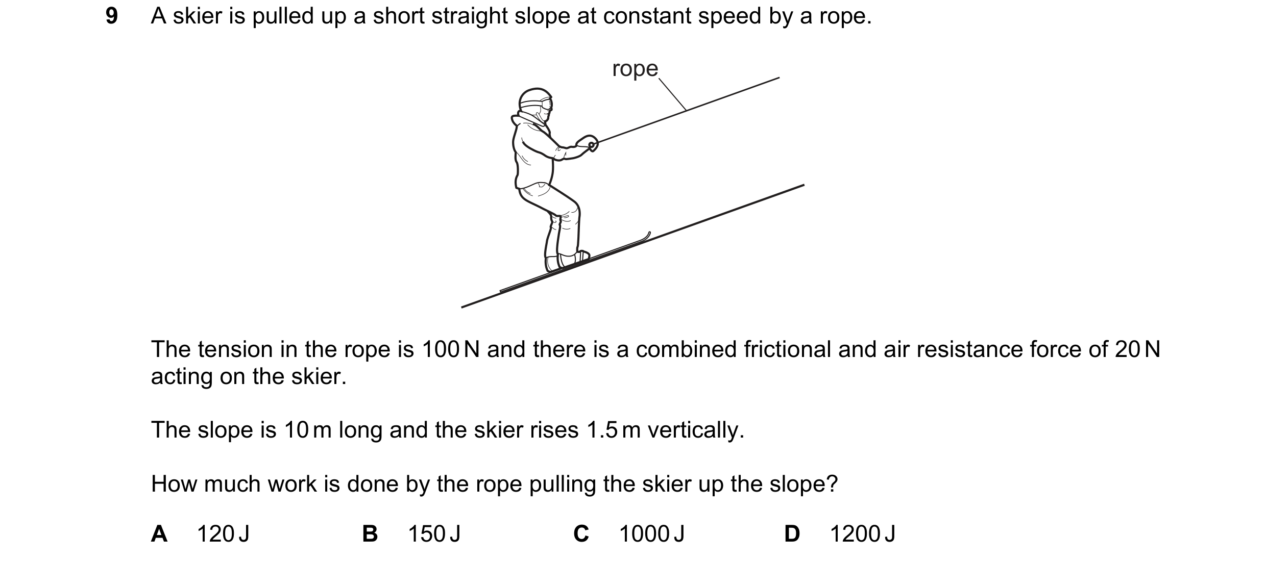 Question 153: A skier is pulled up a short straight slope at constant speed by a rope. rope The tension in the rope is 100 N and there is a combined fric…