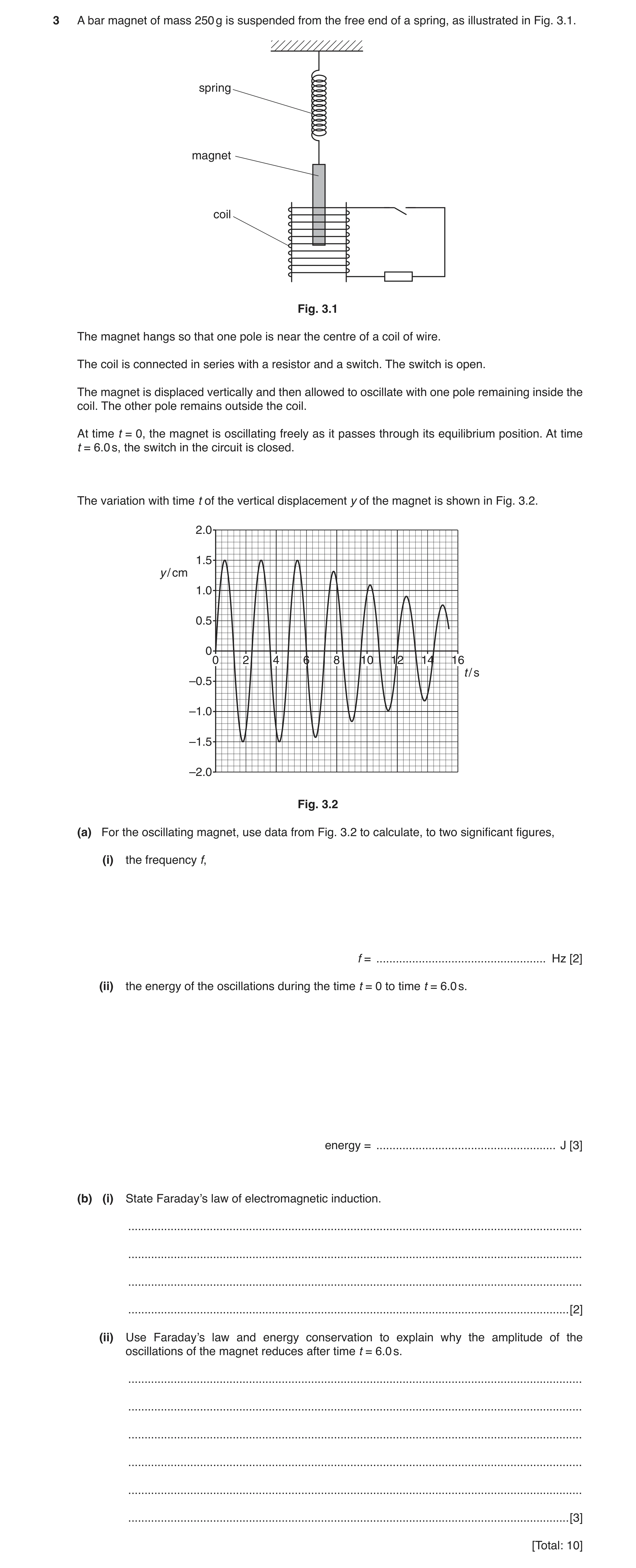 Question 3: A bar magnet of mass 250 g is suspended from the free end of a spring, as illustrated in Fig. 3.1. spring magnet coil Fig. 3.1 The magnet h…