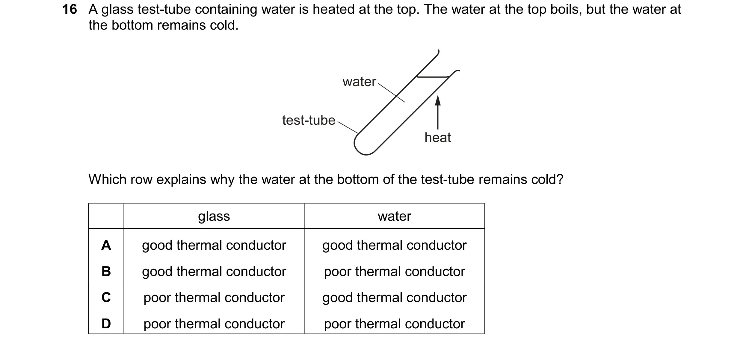 Question 97: A glass test-tube containing water is heated at the top. The water at the top boils, but the water at the bottom remains cold. water test-t…