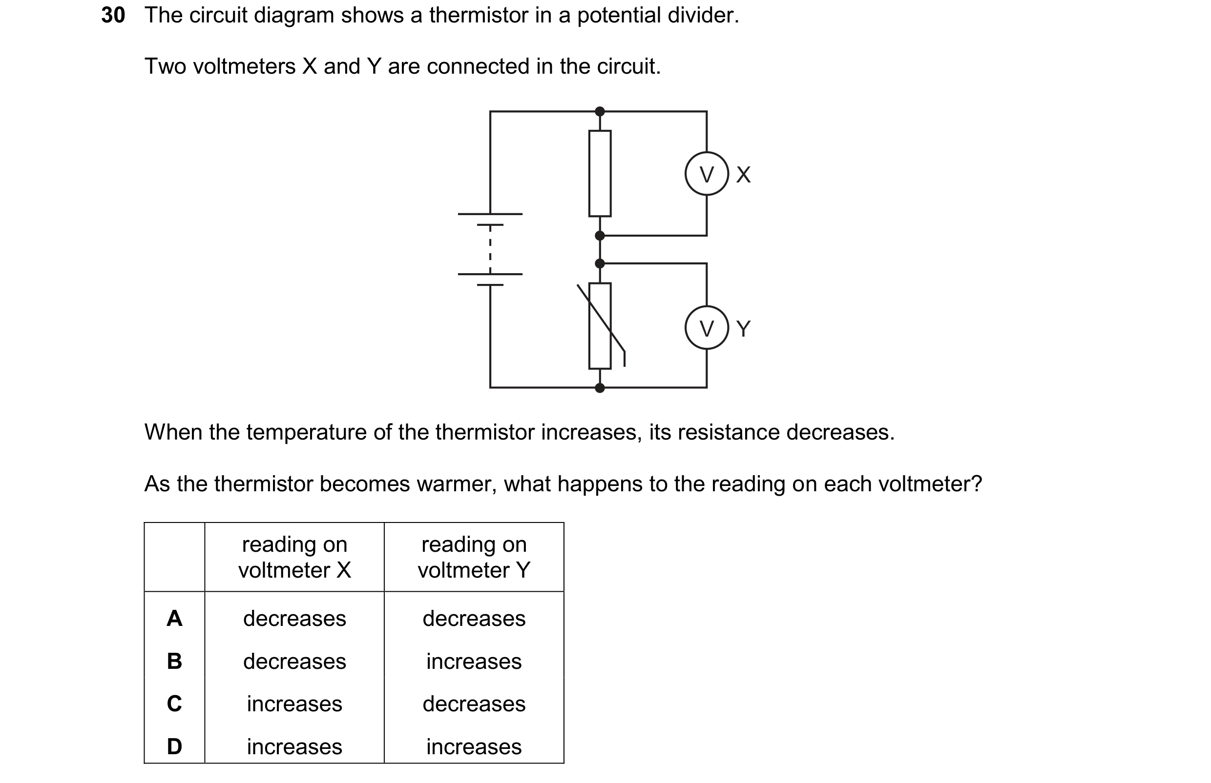 Question 287: The circuit diagram shows a thermistor in a potential divider. Two voltmeters X and Y are connected in the circuit. V X V Y When the temper…