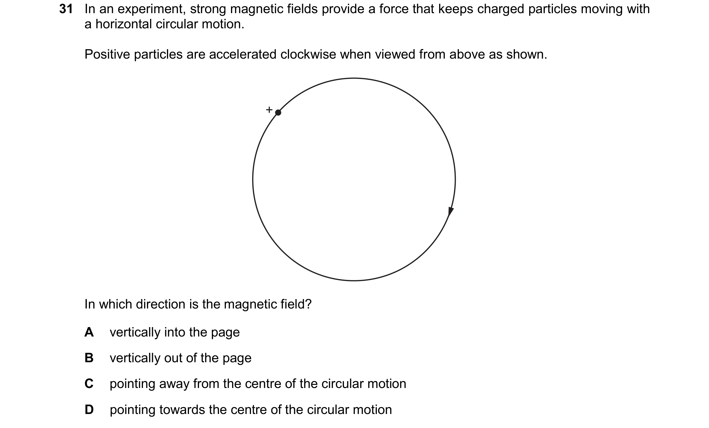 Question 168: In an experiment, strong magnetic fields provide a force that keeps charged particles moving with a horizontal circular motion. Positive pa…