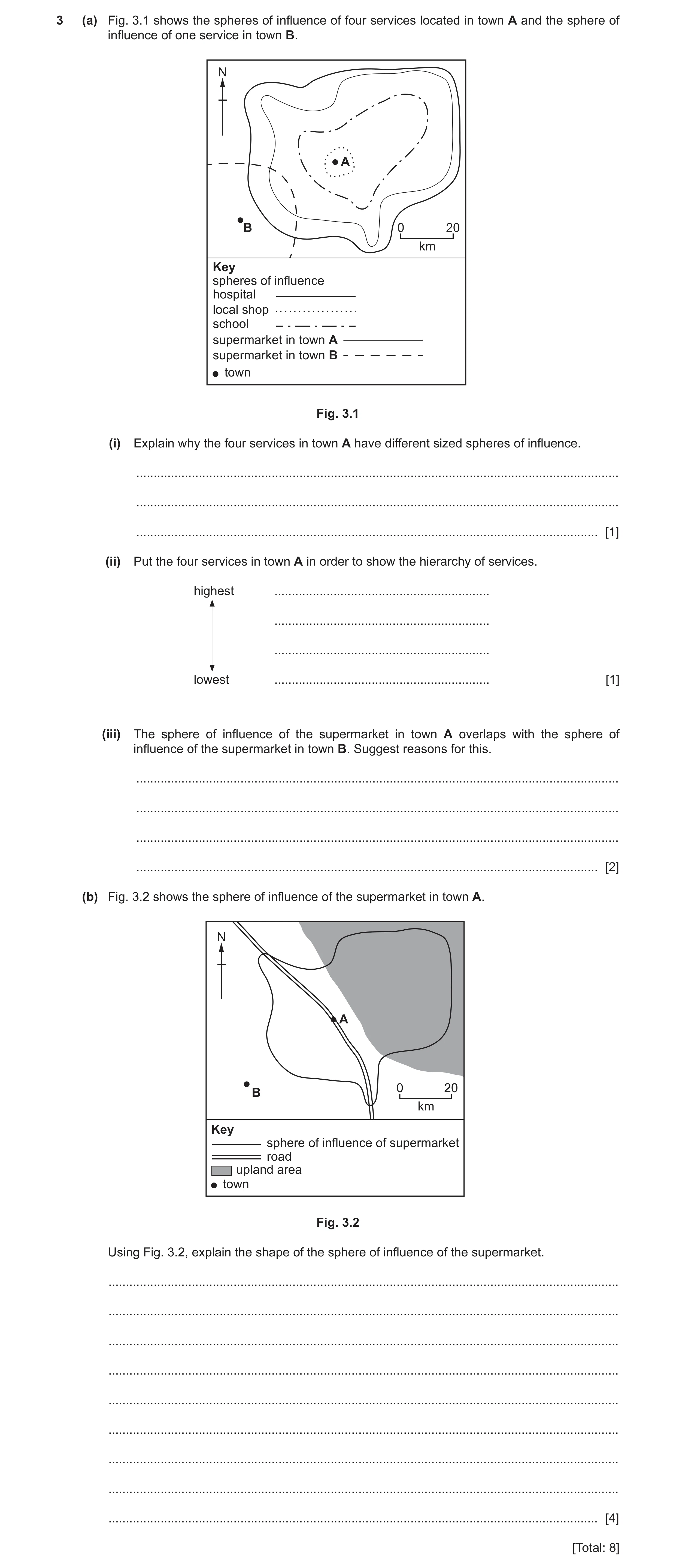 Question 6: (a) Fig. 3.1 shows the spheres of influence of four services located in town A and the sphere of influence of one service in town B. N A B …