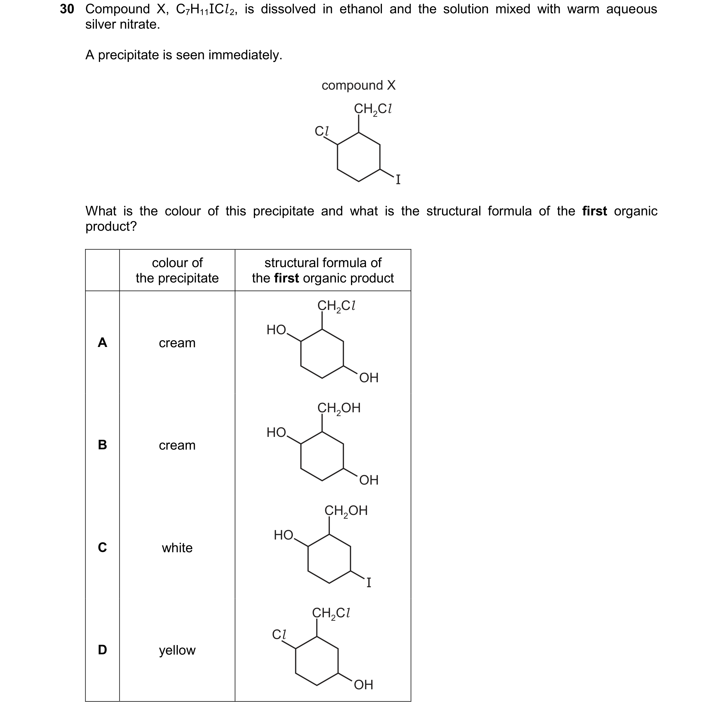 Question 252: Compound X, C7H11ICl2, is dissolved in ethanol and the solution mixed with warm aqueous silver nitrate. A precipitate is seen immediately. …
