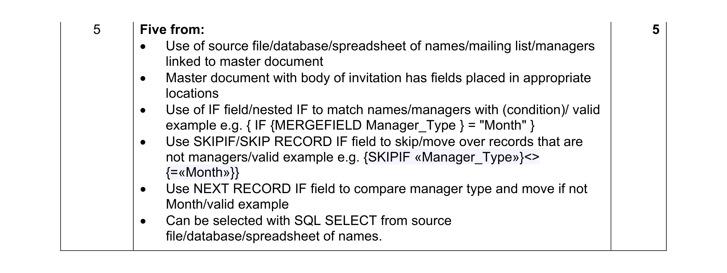Mark scheme for question 7
