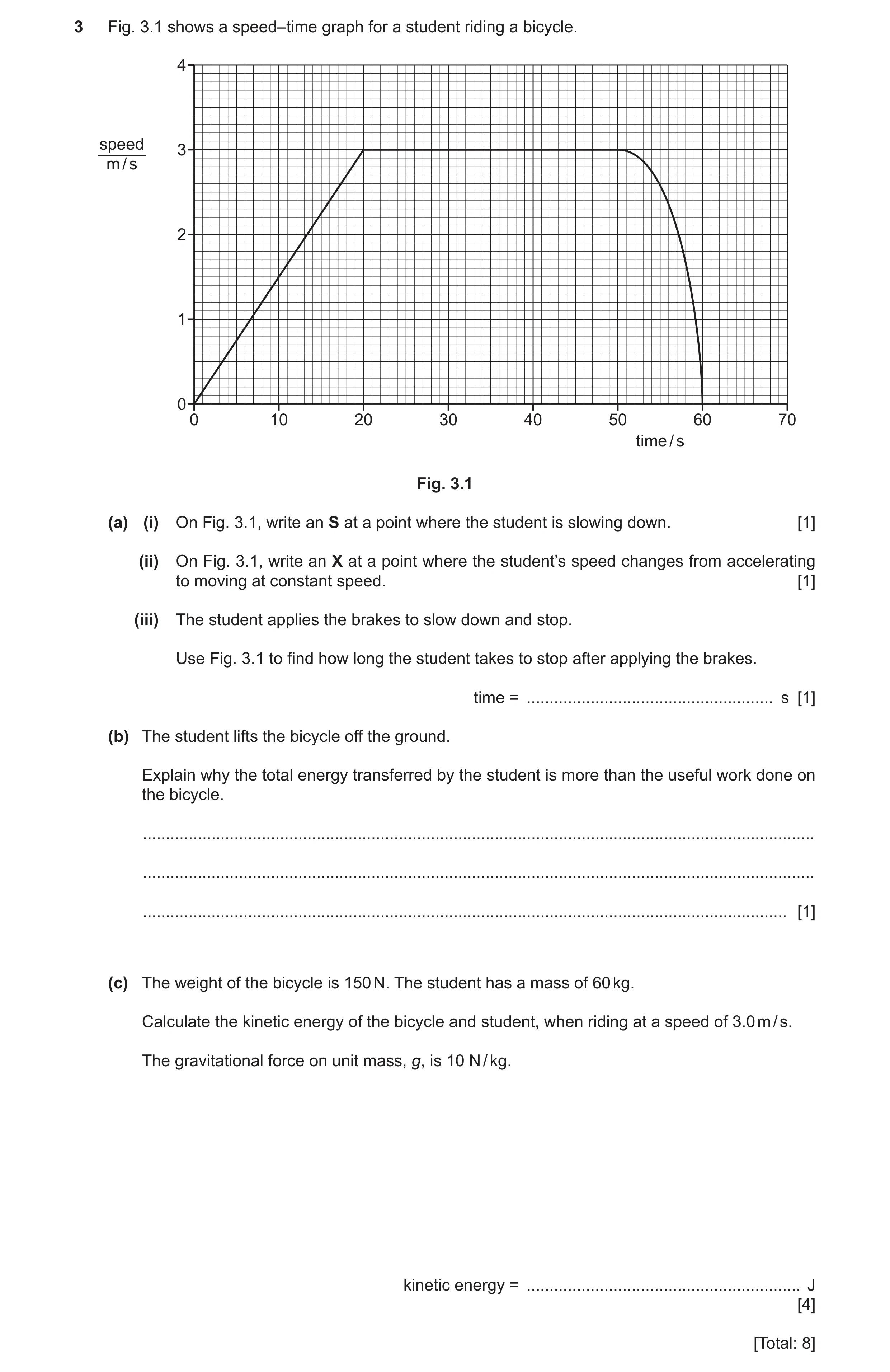 Question 28: Fig. 3.1 shows a speed–time graph for a student riding a bicycle. 4 speed 3 m / s 2 1 0 0 10 20 30 40 50 60 70 time / s Fig. 3.1 (a) (i) On…