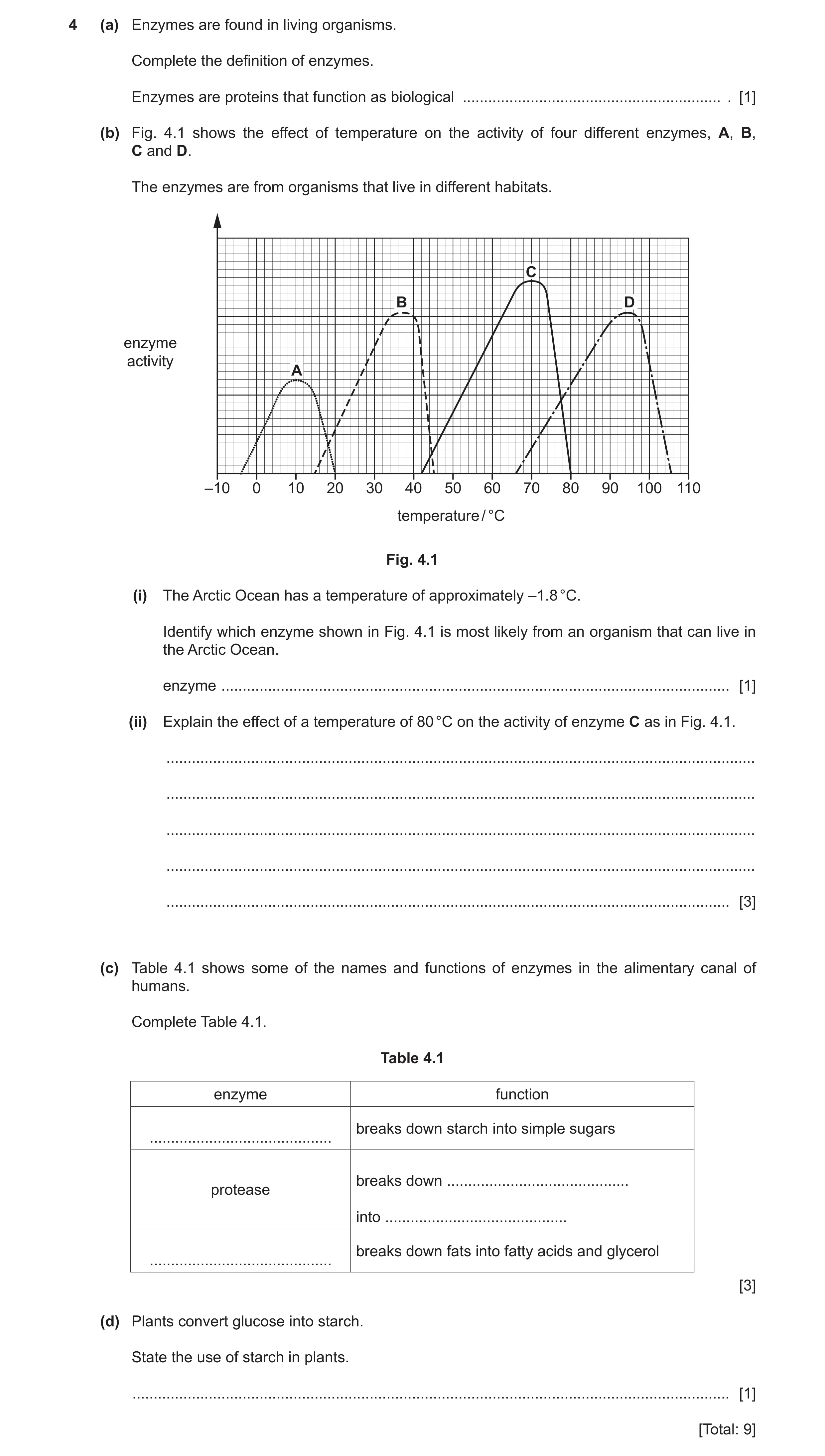 Question 15: (a) Enzymes are found in living organisms. Complete the definition of enzymes. Enzymes are proteins that function as biological ...........…