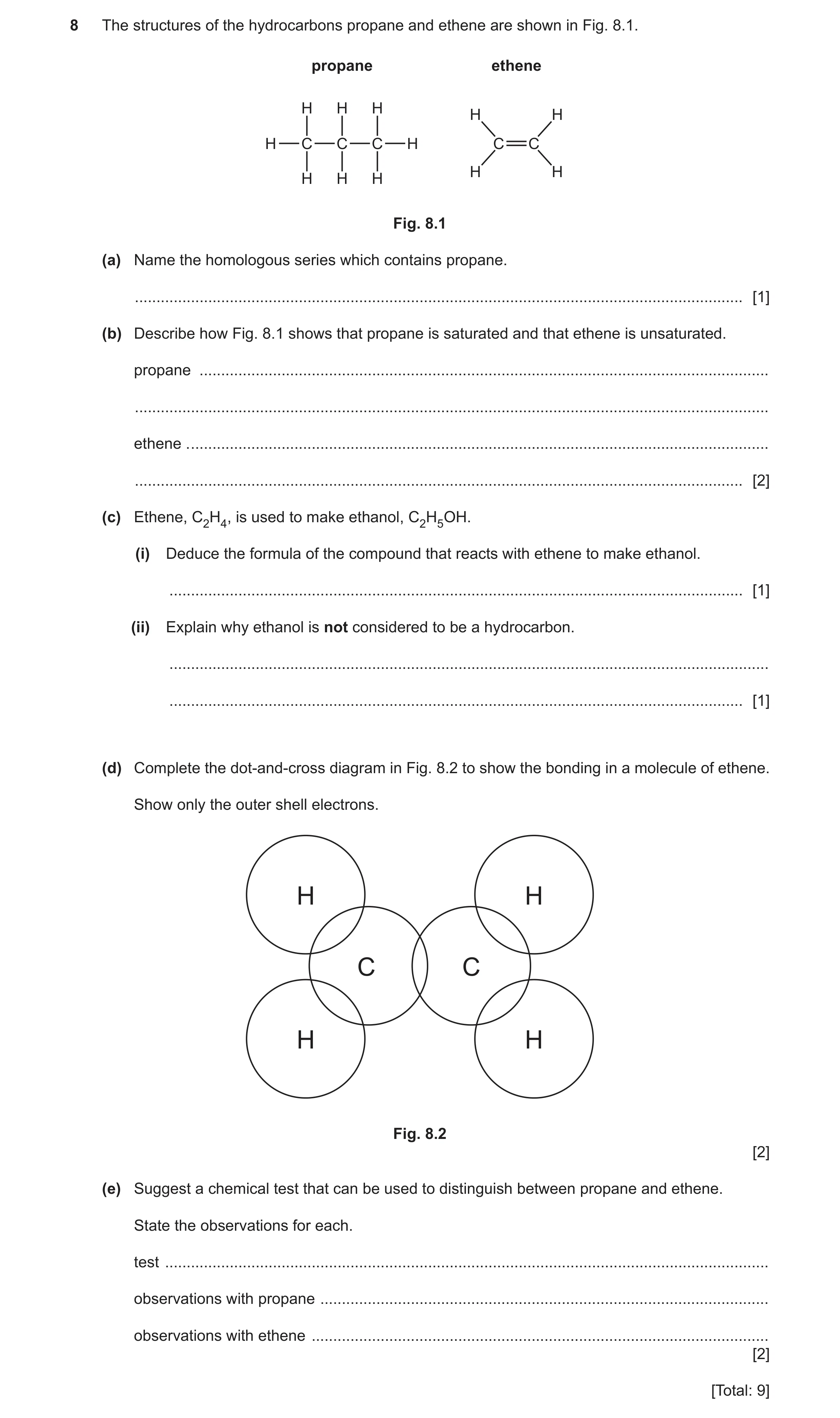 Question 22: The structures of the hydrocarbons propane and ethene are shown in Fig. 8.1. propane ethene H H H H H H C C C H C C H H H H H Fig. 8.1 (a) …