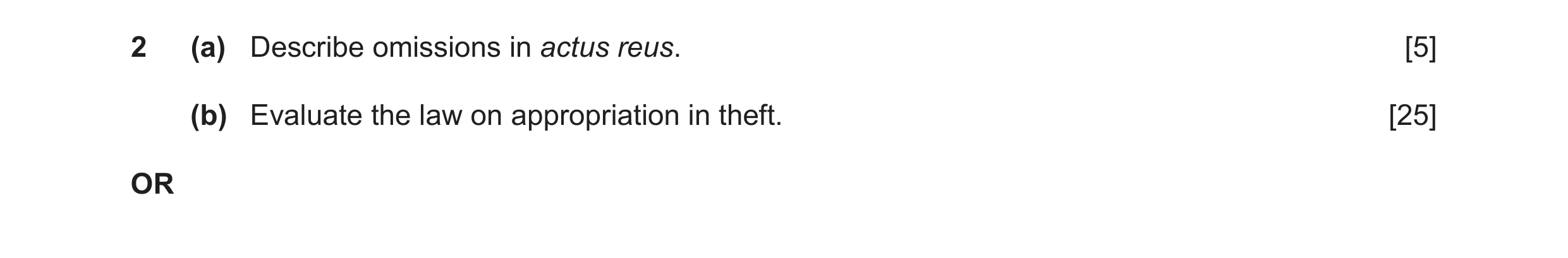 Question 11: (a) Describe omissions in actus reus. [5] (b) Evaluate the law on appropriation in theft. [25] OR