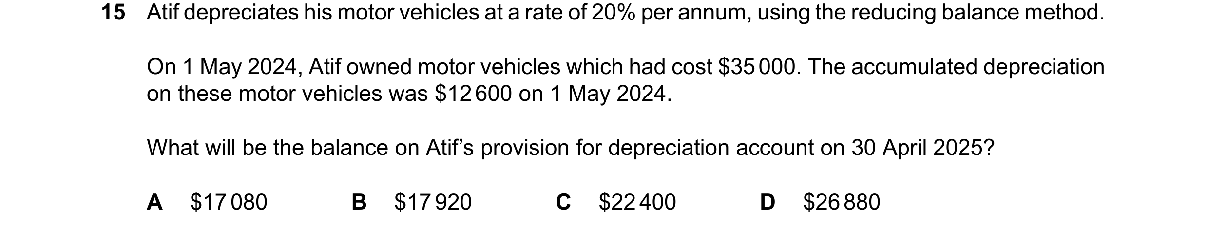 Question 81: Atif depreciates his motor vehicles at a rate of 20% per annum, using the reducing balance method. On 1 May 2024, Atif owned motor vehicles…