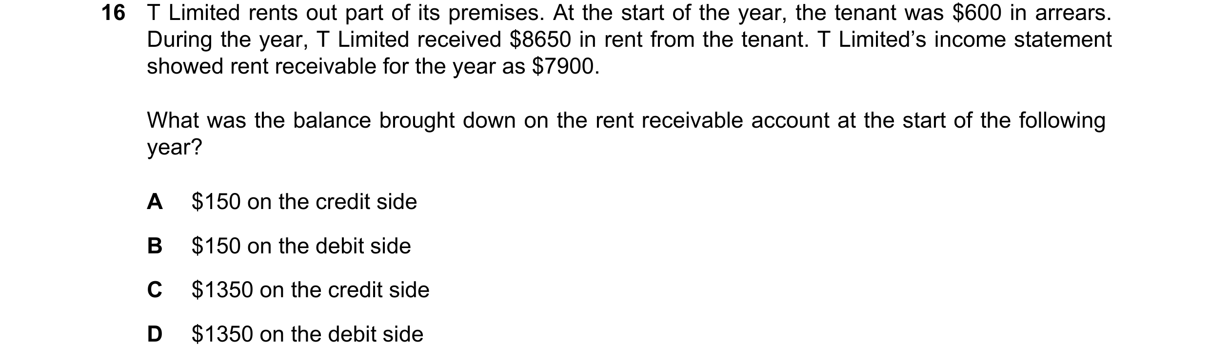 Question 61: T Limited rents out part of its premises. At the start of the year, the tenant was $600 in arrears. During the year, T Limited received $86…