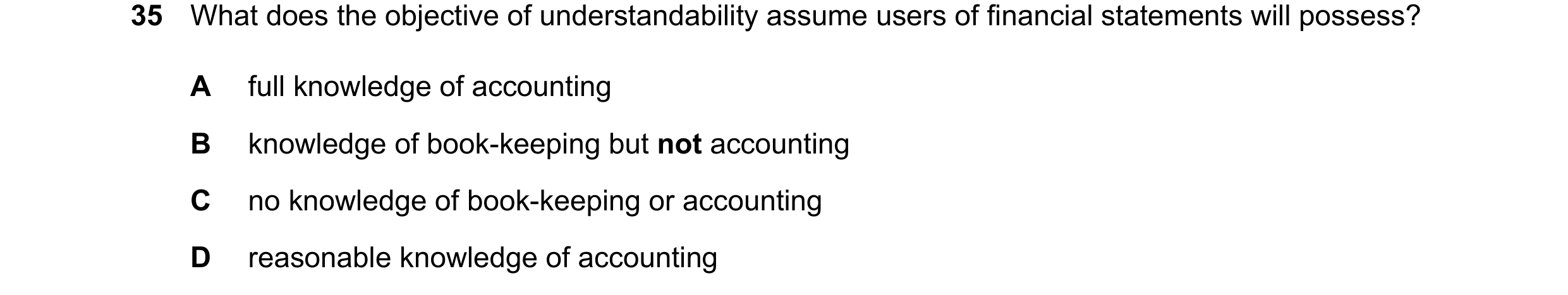 Question 90: What does the objective of understandability assume users of financial statements will possess? A full knowledge of accounting B knowledge …