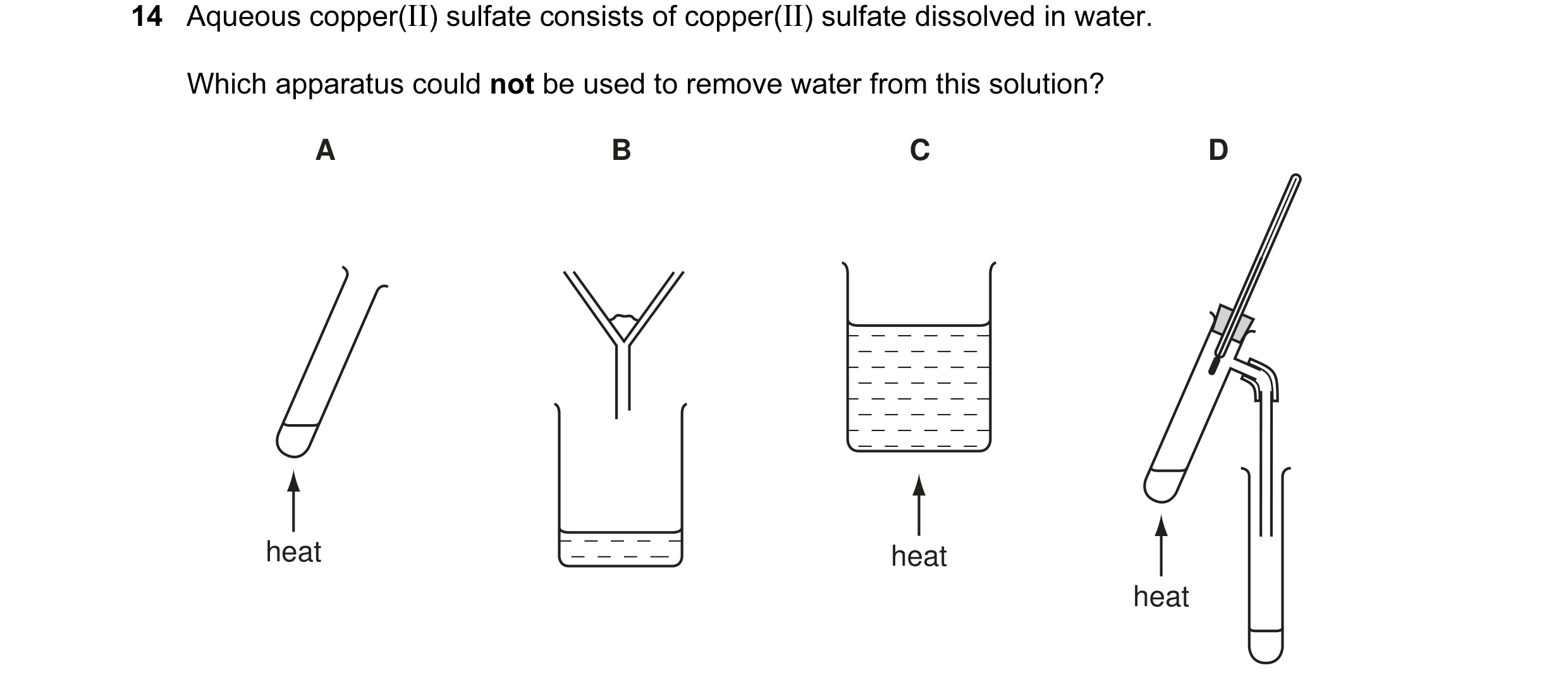 Question 19: Aqueous copper(II) sulfate consists of copper(II) sulfate dissolved in water. Which apparatus could not be used to remove water from this s…
