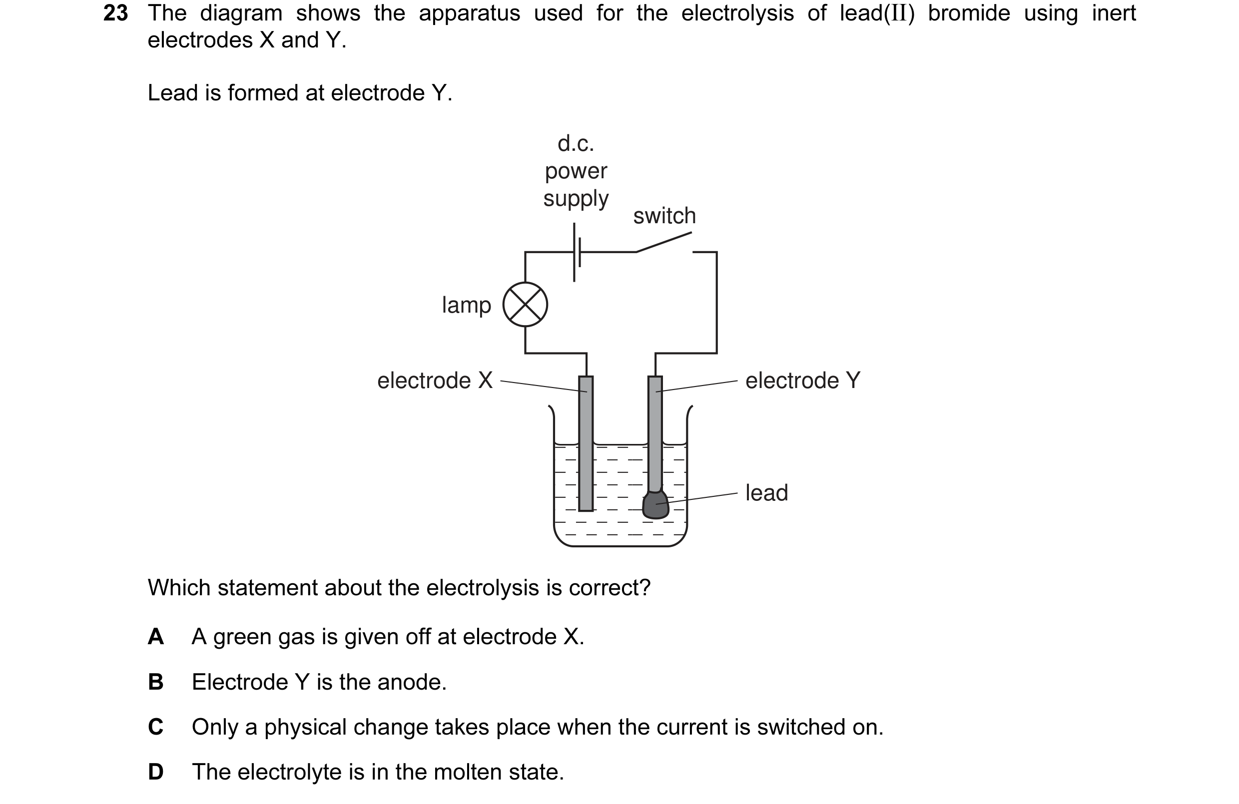 Question 27: The diagram shows the apparatus used for the electrolysis of lead(II) bromide using inert electrodes X and Y. Lead is formed at electrode Y…