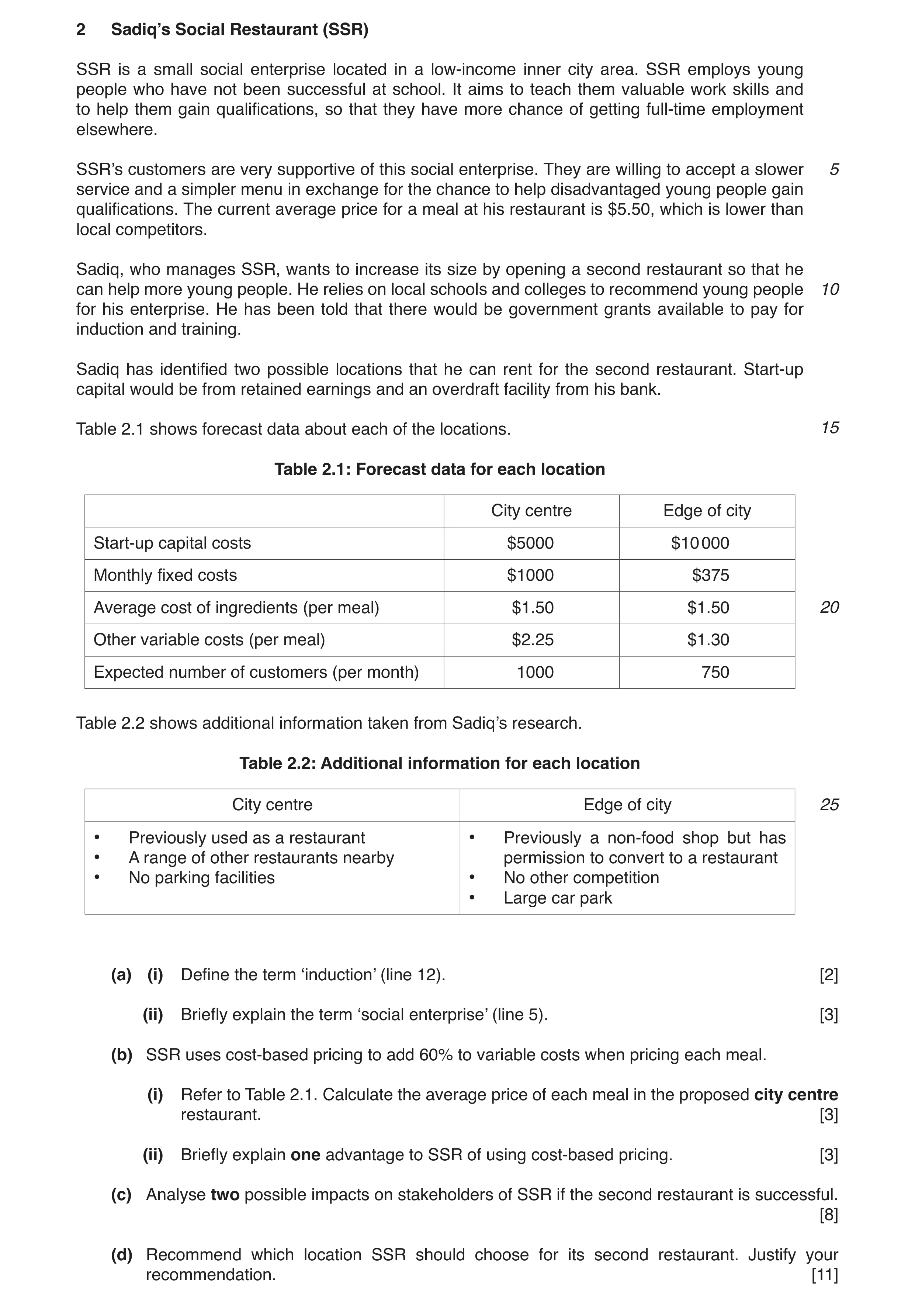 Question 4: Sadiq’s Social Restaurant (SSR) SSR is a small social enterprise located in a low-income inner city area. SSR employs young people who have…