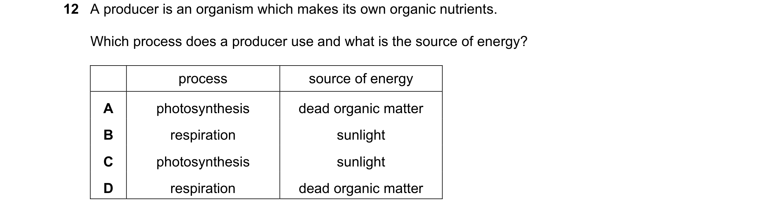 Question 29: A producer is an organism which makes its own organic nutrients. Which process does a producer use and what is the source of energy? proces…