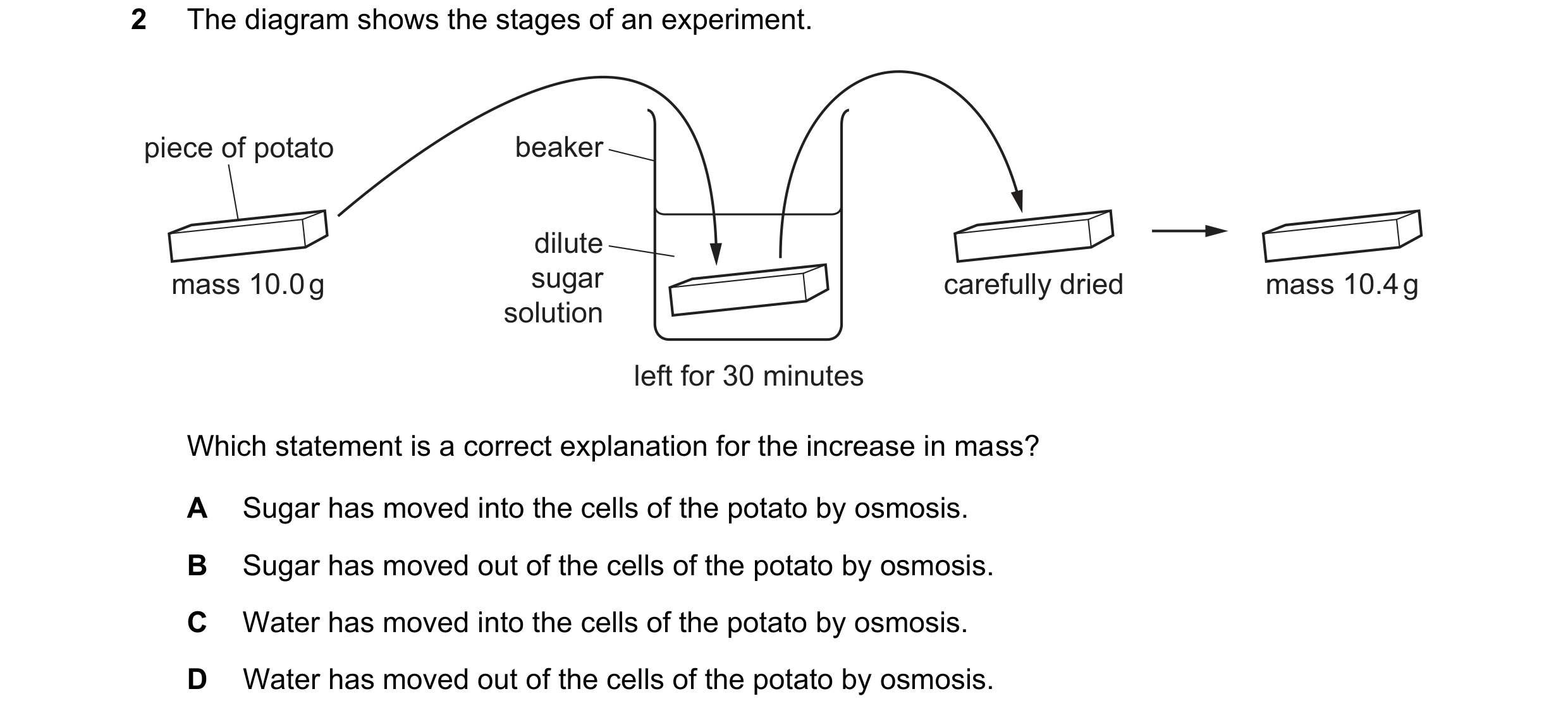 Question 6: The diagram shows the stages of an experiment. piece of potato beaker dilute mass 10.0 g sugar carefully dried mass 10.4 g solution left fo…